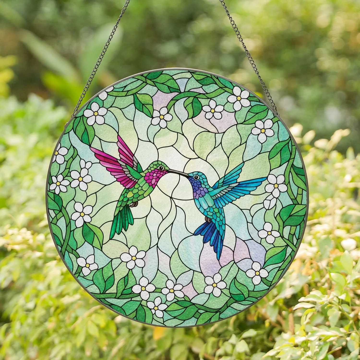 Sun-Dappled Garden Hummingbirds Flowering Vines Window Decor Gift for Bird Lovers Stained Glass Suncatcher - 1