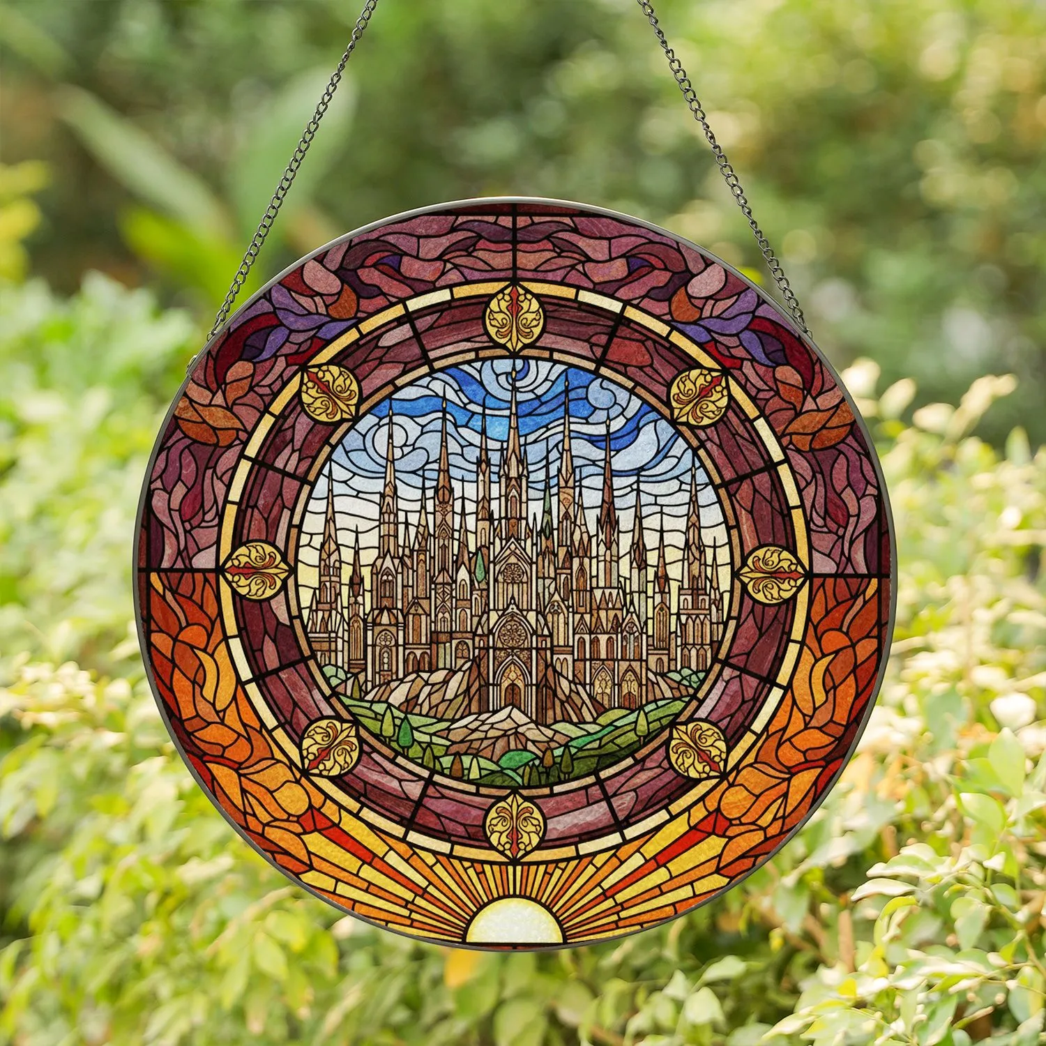 Gothic Castle City Ornate Crested Frame Panoramic Sunset Home Decor Gift Stained Glass Suncatcher - 1