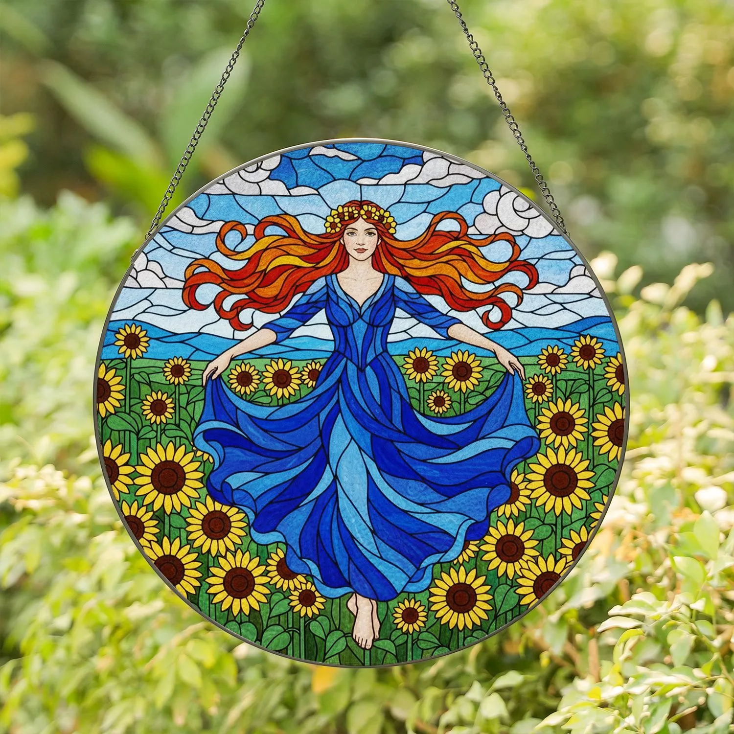 Tiffany Glass Translucent Woman Sunflower Field Rolling Hills - Home Decor Gift Stained Glass Suncatcher - 1