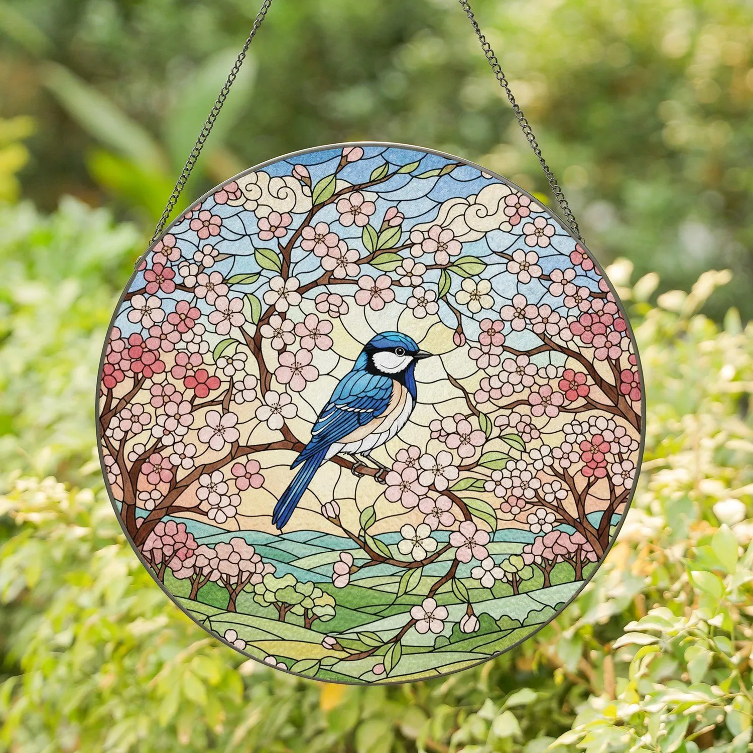 Blue Headed Songbird Pink Blossoms Flowering Branch Spring Hills - Nature Lover Gift Stained Glass Suncatcher - 1