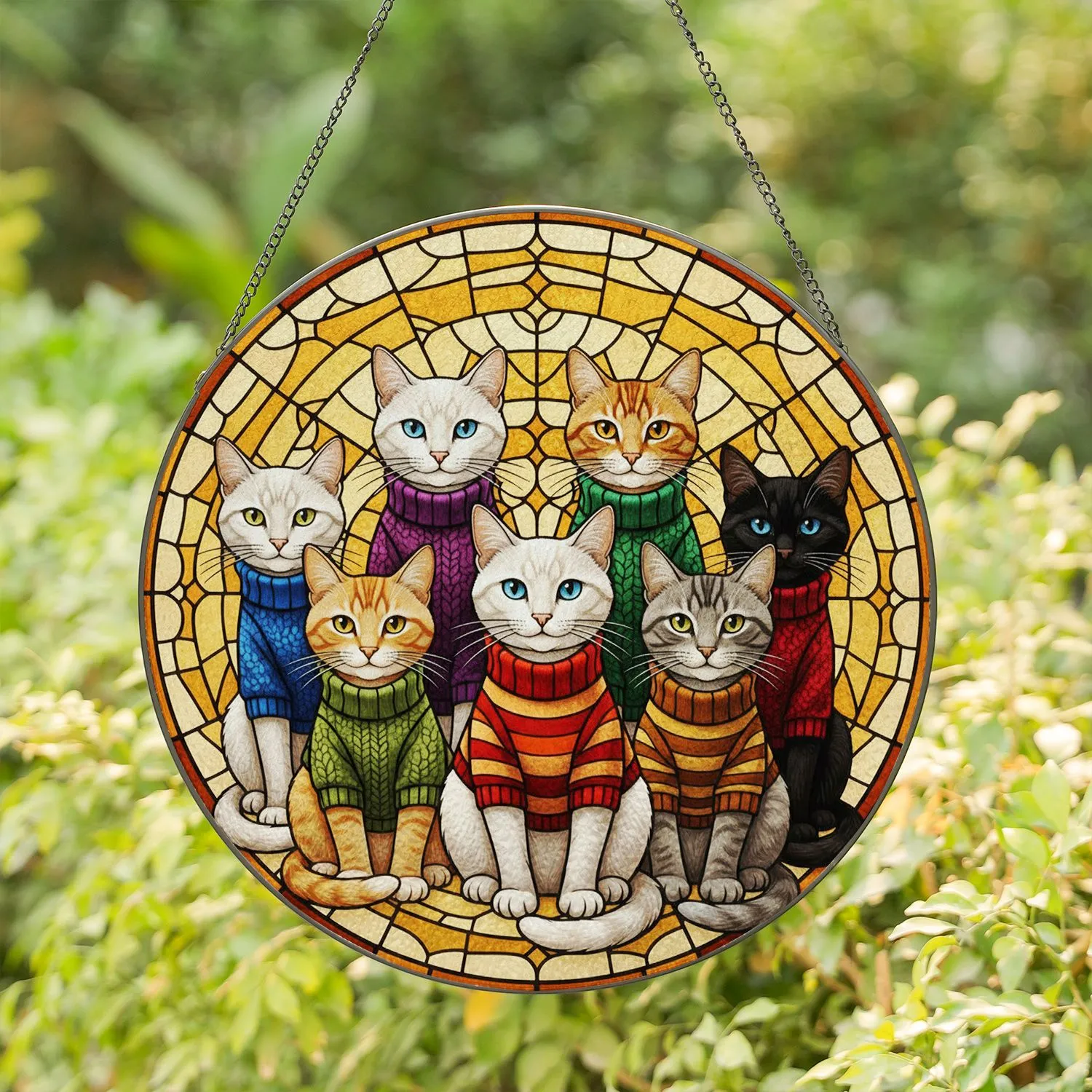 Stained Glass Cat Huddle in Sweaters Home Decor Gift for Cat Lovers Stained Glass Suncatcher - 1