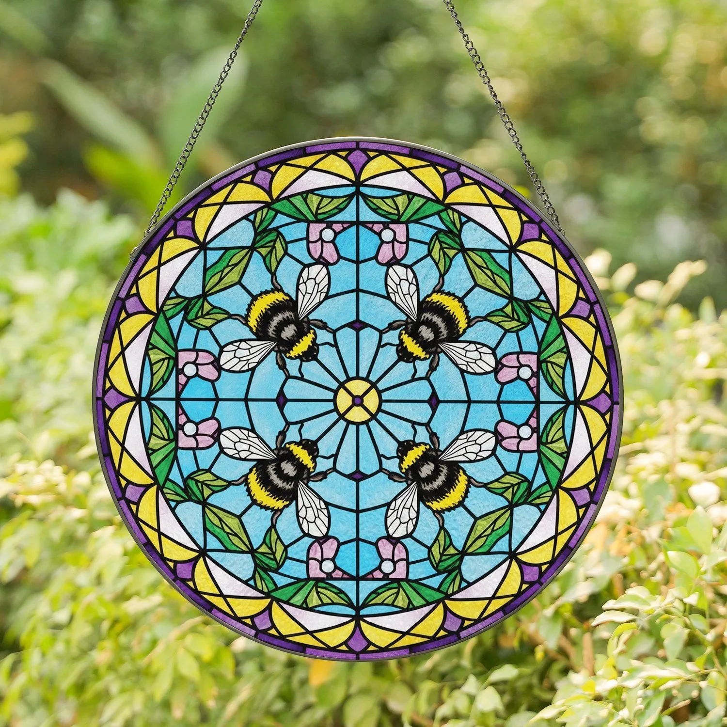 Fluffy Bumblebees Variegated Leaves Purple Flowers - Home Decor Gift for Bee Lover Stained Glass Suncatcher - 1