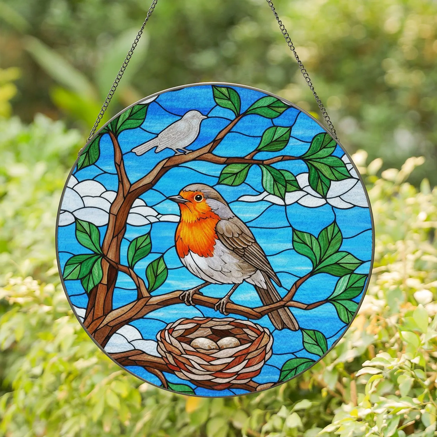 Robin Bird Nest with Eggs Tree Branch Sky Clouds - Wildlife Lover Home Decor Gift Stained Glass Suncatcher - 1