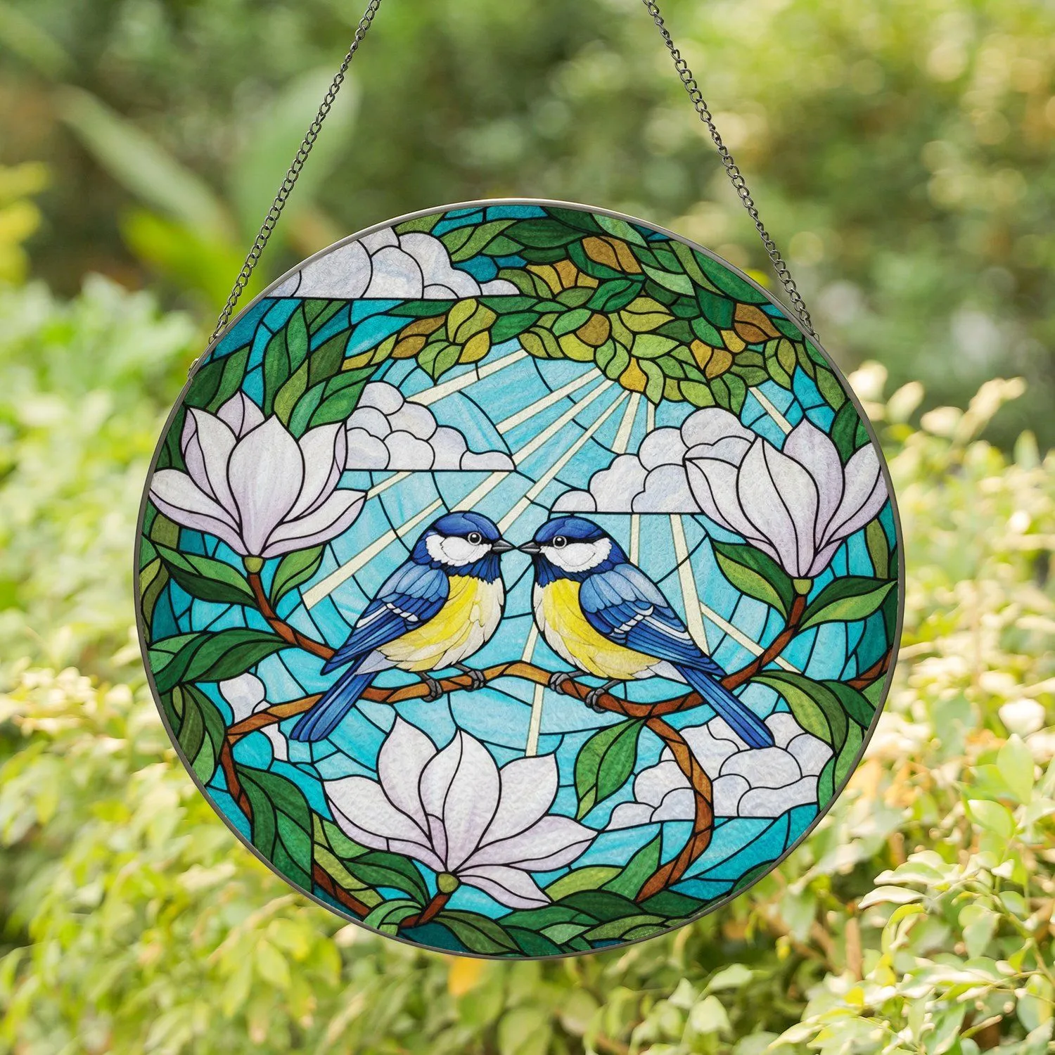 Blue Yellow Songbirds Magnolia Bloom - Nature Lover Home Decor Gift for Bird Lover Stained Glass Suncatcher - 1