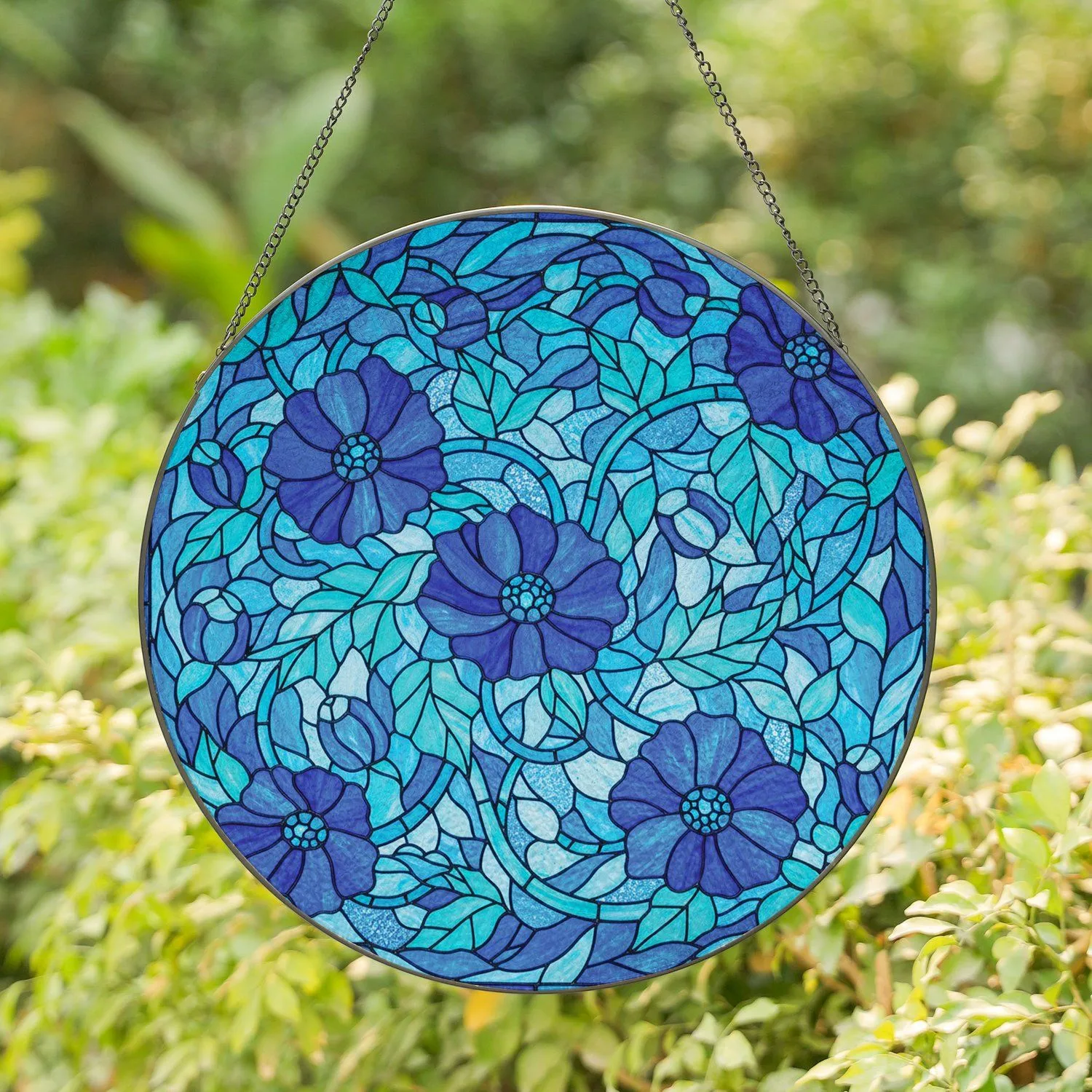 Stained Glass Blue Flowers Layered Petals Intricate Vines Leaves - Home Decor Gift Stained Glass Suncatcher - 1