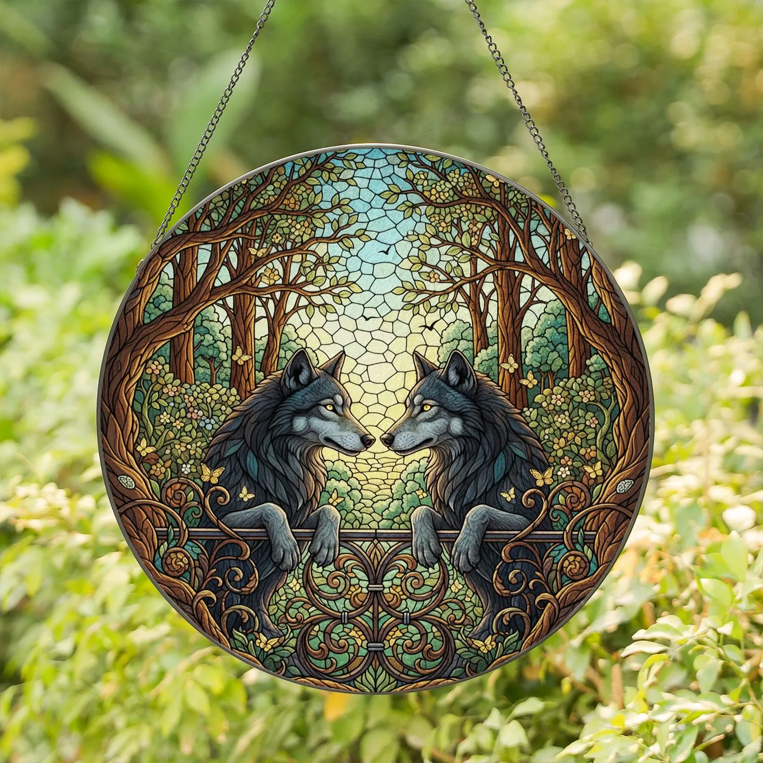 Two Wolves Intimate Gaze Enchanted Forest Stained Glass - Home Decor Gift for Wildlife Lover Stained Glass Suncatcher - 1