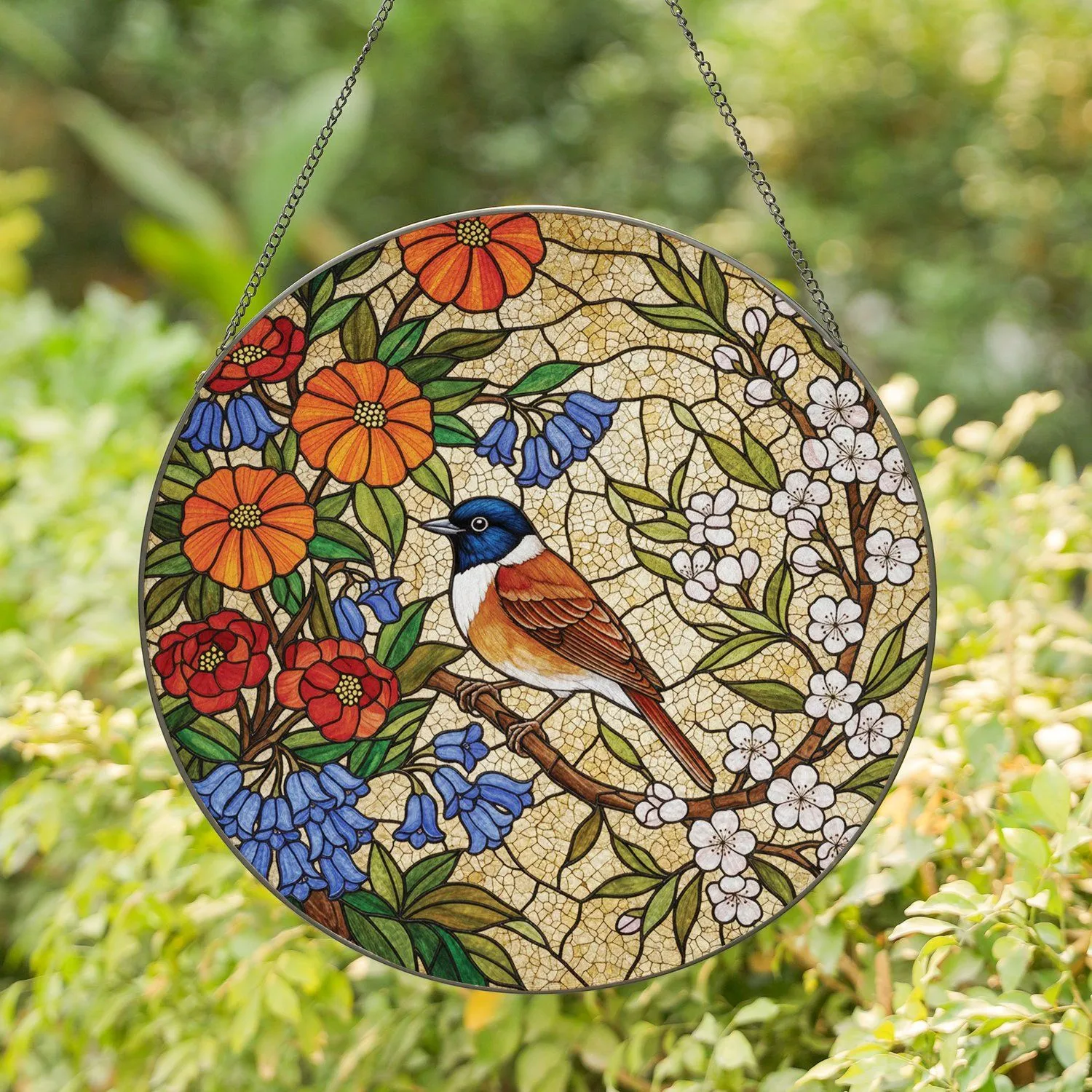 Passerine Bird Diverse Flowers Green Foliage Cracked Mosaic - Home Decor Gift for Bird Lovers Stained Glass Suncatcher - 1