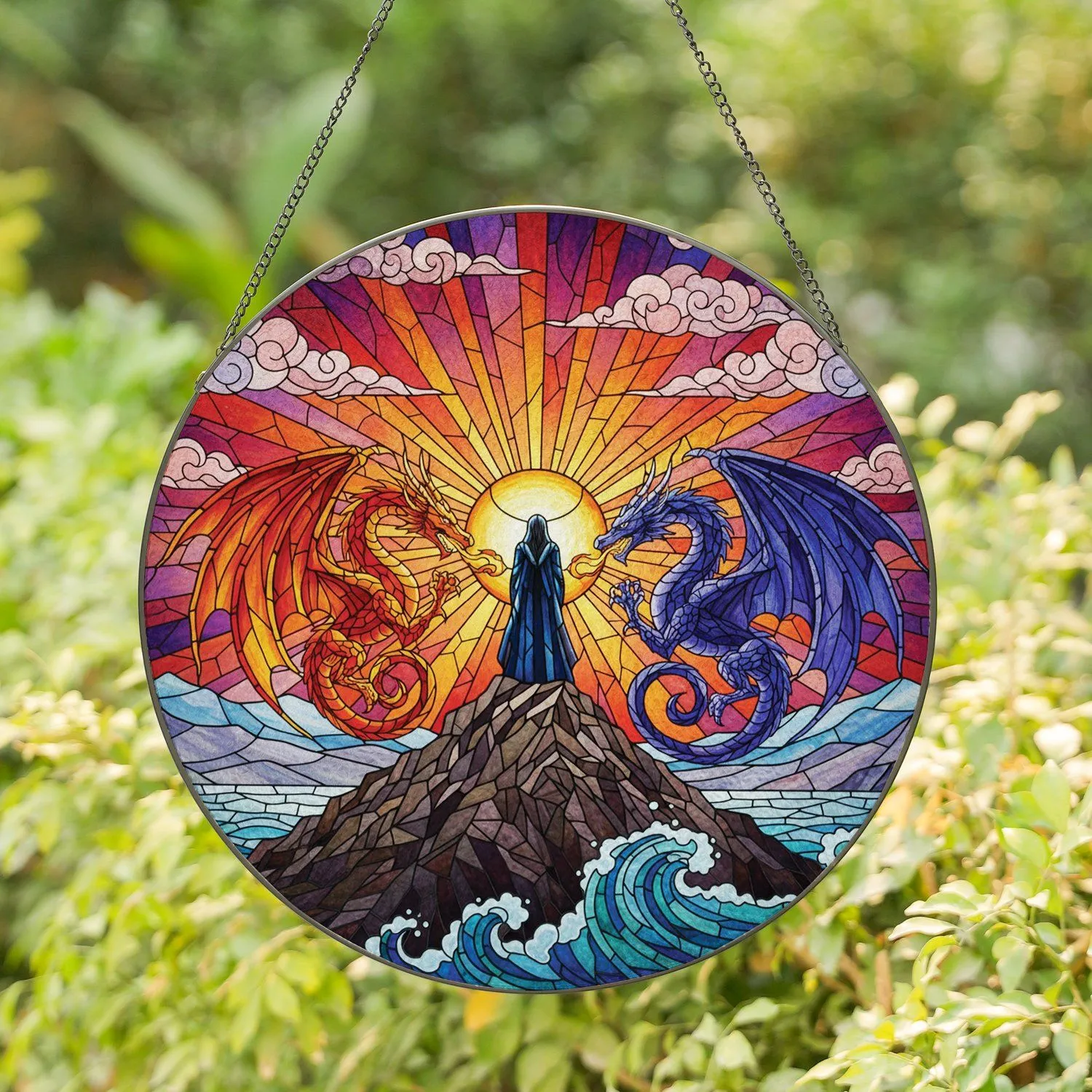 Cloaked Figure Dragons Mountain Peak Radiant Sun - Home Decor Gift for Fantasy Lovers Stained Glass Suncatcher - 1
