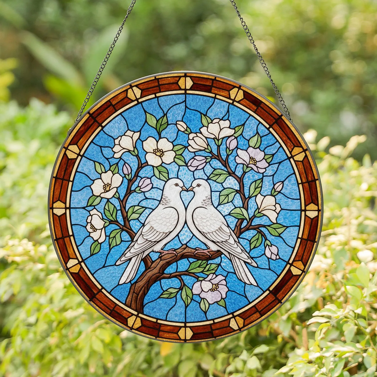 Stained Glass Doves Floral Scene - Home Decor Gift for Bird Lover Stained Glass Suncatcher - 1