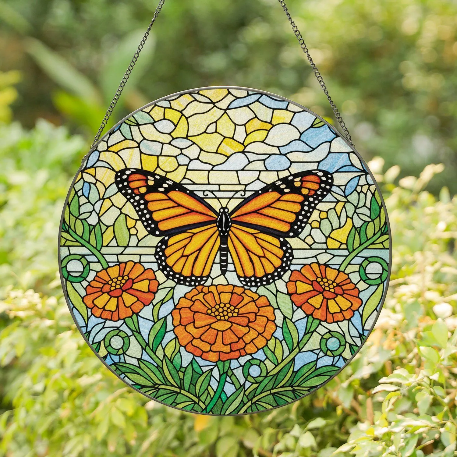 Monarch Butterfly Marigold Flowers Home Decor Gift for Butterfly Lover Stained Glass Suncatcher - 1