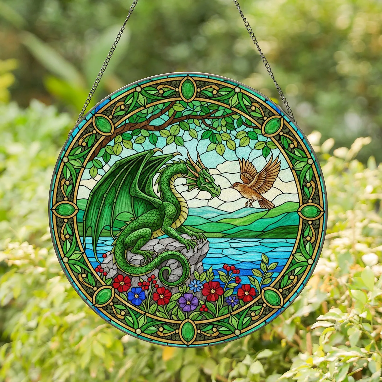 Majestic Emerald Dragon Wildflower Landscape - Home Decor Gift Dragon Lover Stained Glass Suncatcher - 1