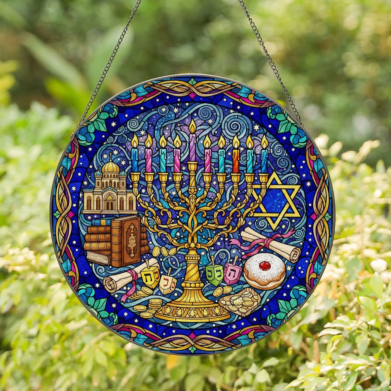 Golden Menorah with Lit Candles, Star of David, Dreidels, Synagogue - Jewish Home Decor Gift Stained Glass Suncatcher - 1