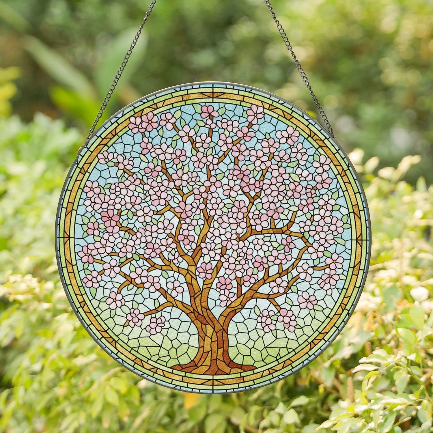 Translucent Tiffany Glass Apple Blossom Tree Pink White Flowers Mosaic Sky Home Decor Gift Stained Glass Suncatcher - 1
