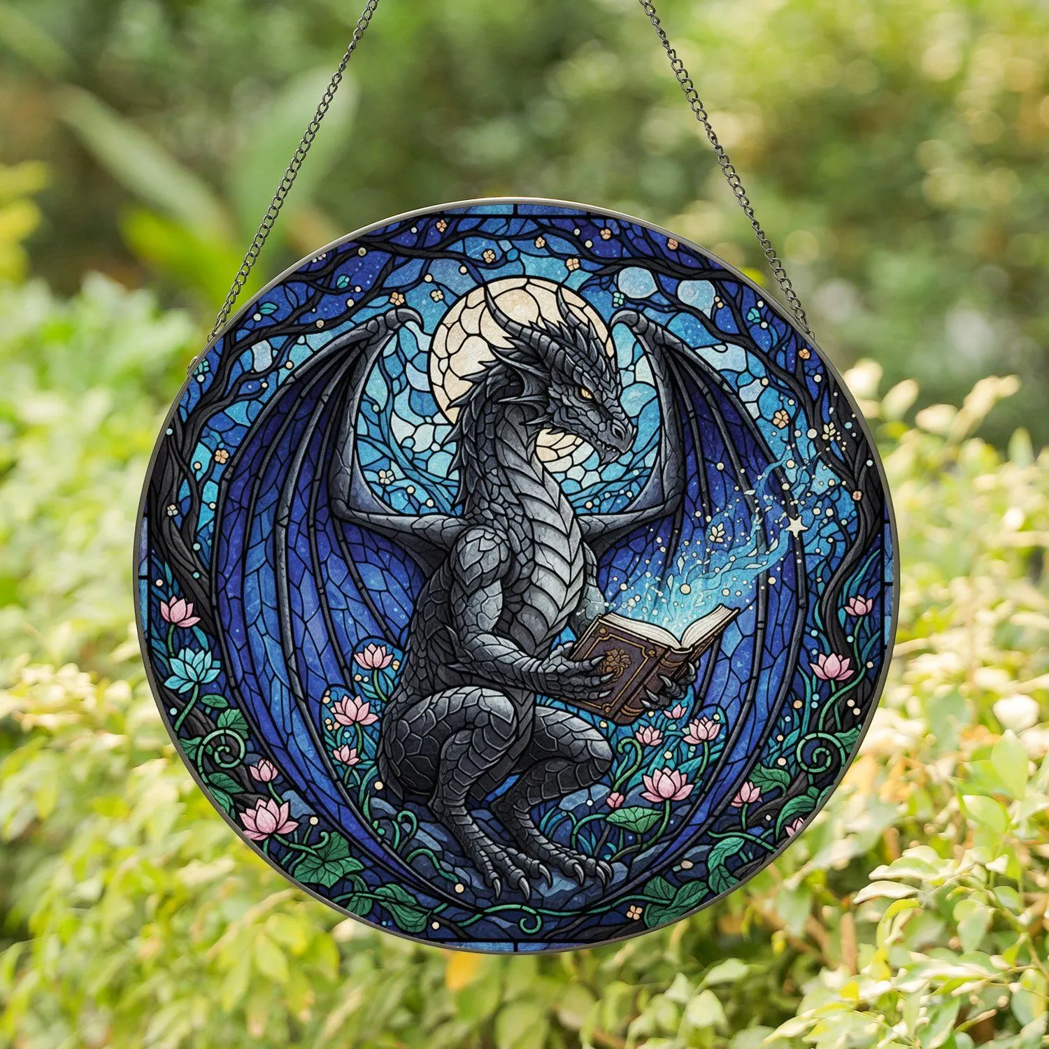 Dark Scaled Dragon Glowing Book Enchanted Forest - Home Decor Gift Stained Glass Suncatcher - 1