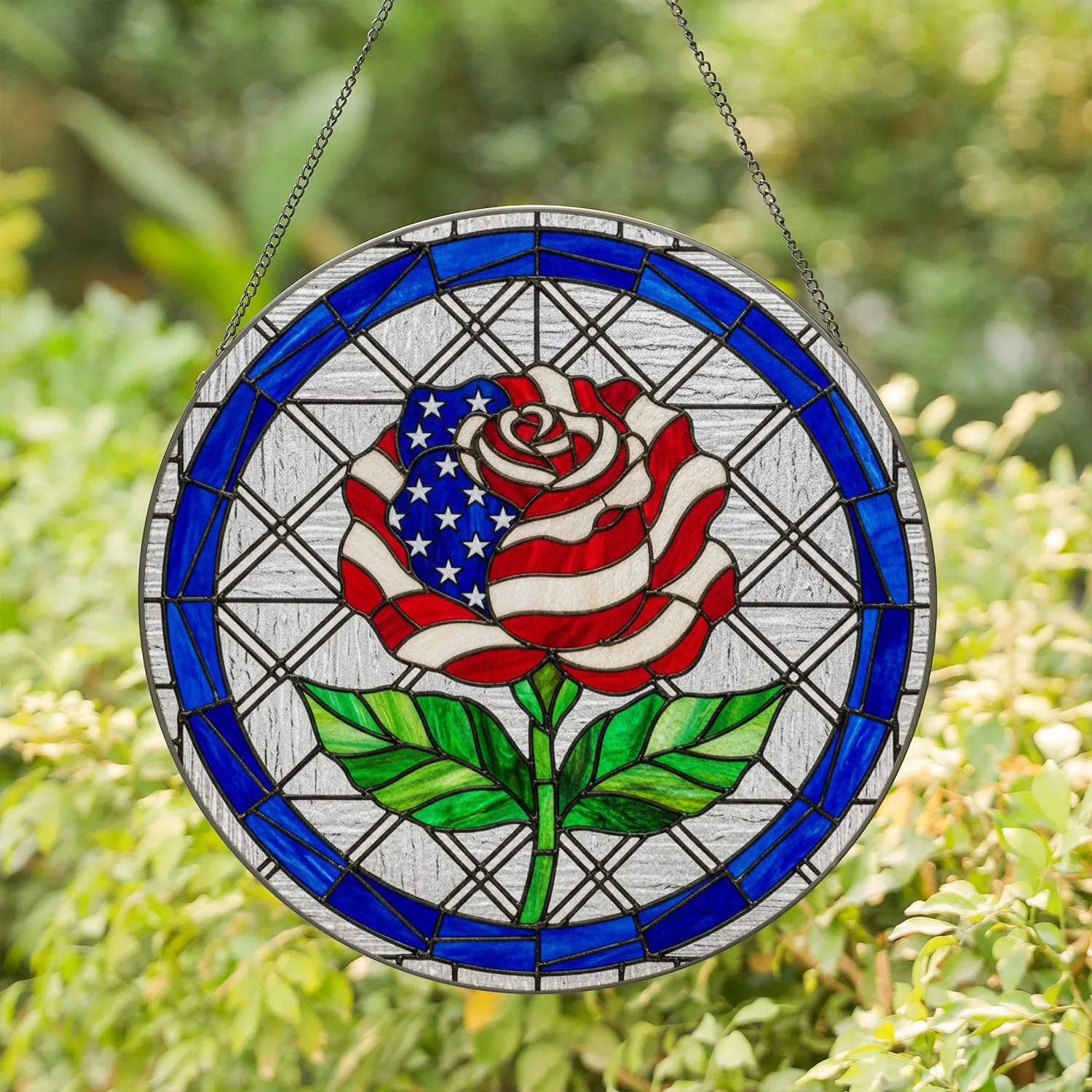 American Flag Rose Mosaic Border - Independence Day Home Decor Gift Stained Glass Suncatcher - 1