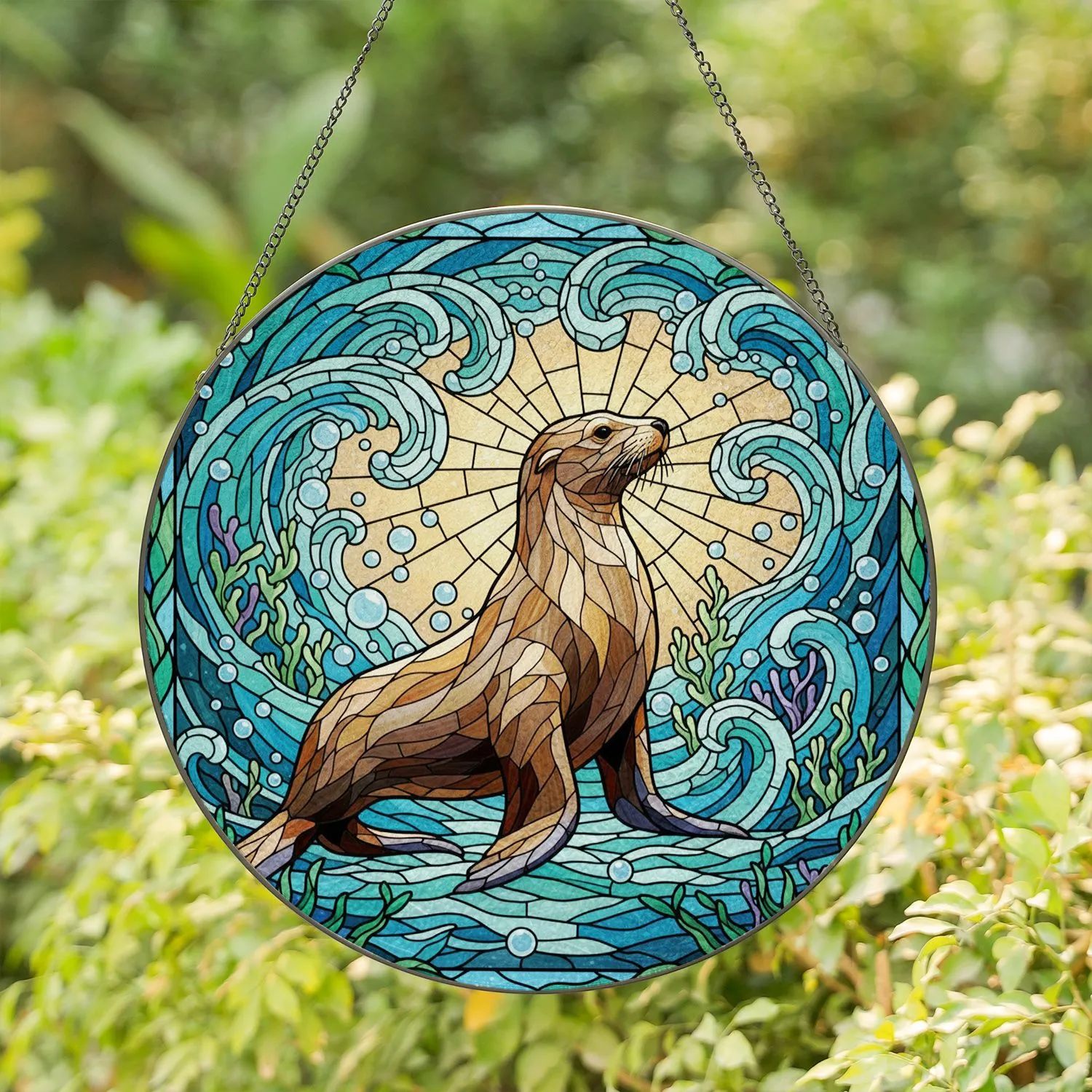 Sea Lions Shimmering Ocean Water Light Rays Marine Flora - Wildlife Lover Home Decor Gift Stained Glass Suncatcher - 1