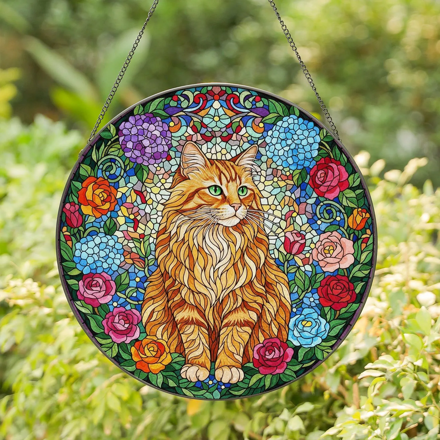 Orange Tabby Cat Stained Glass Flowers - Home Decor Gift for Cat Lover Stained Glass Suncatcher - 1