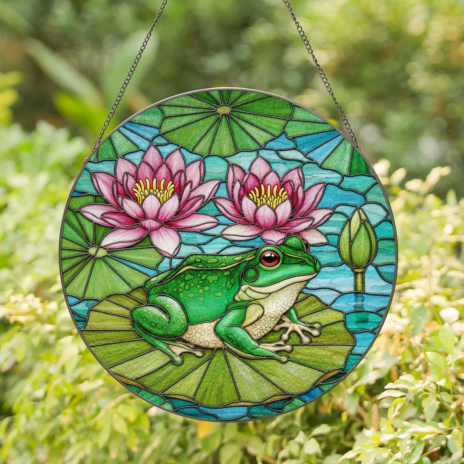 Green Frog Lily Pad Water Lilies Pond Scene - Home Decor Gift for Frog Lover Stained Glass Suncatcher - 1