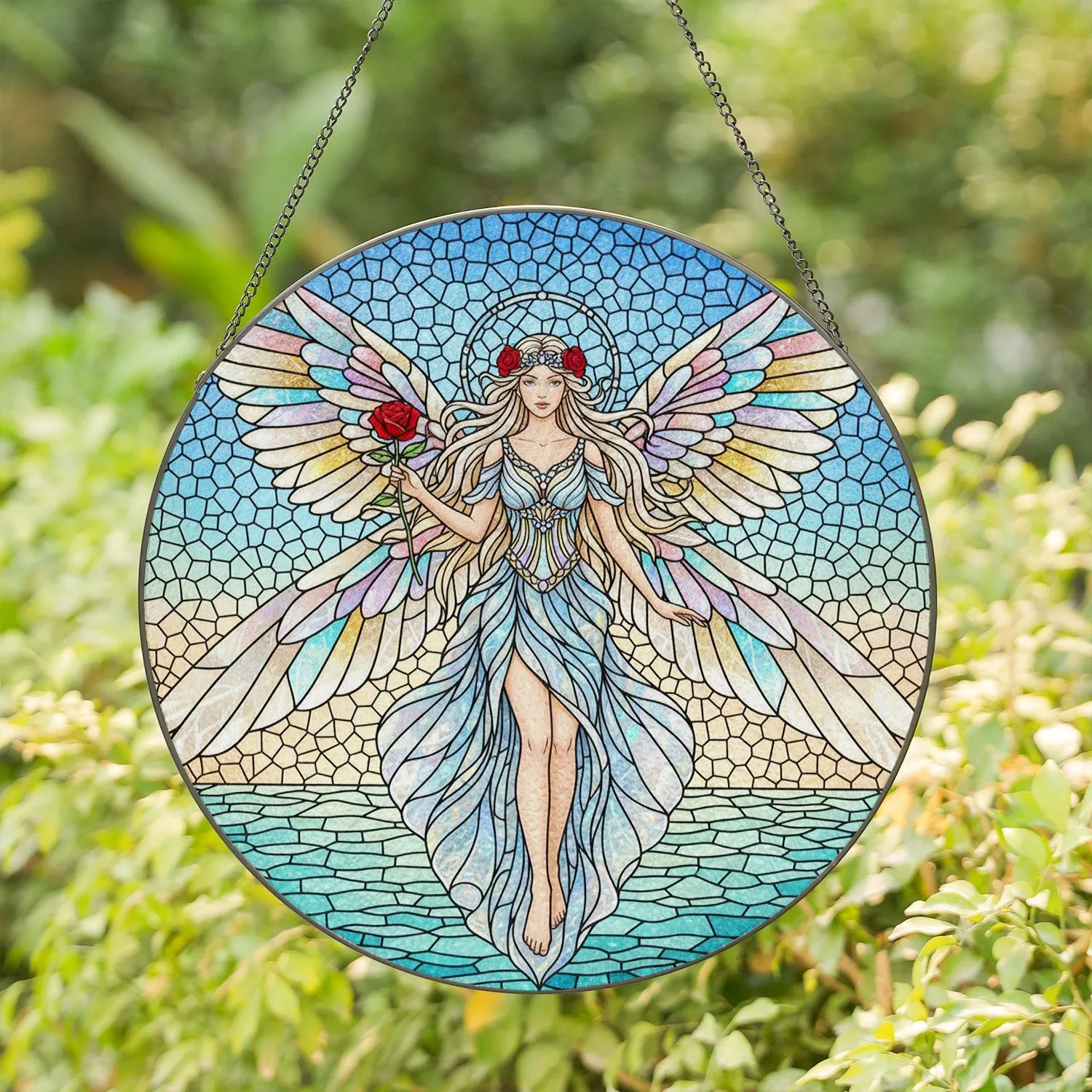 Angelic Fairy Platinum Blonde Hair Iridescent Rainbow Wings Red Rose Tiffany Glass Mosaic - Home Decor Gift Stained Glass Suncatcher - 1