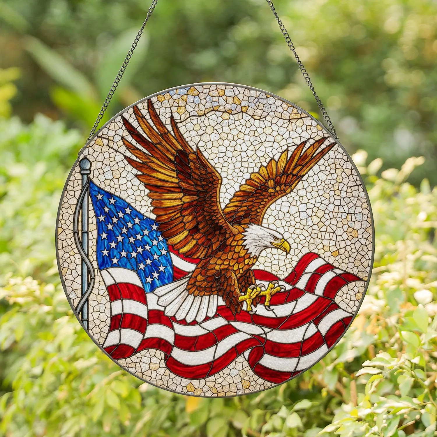 Majestic Tiffany Stained Glass Bald Eagle American Flag - Patriotic Home Decor Gift for American Homes Stained Glass Suncatcher - 1
