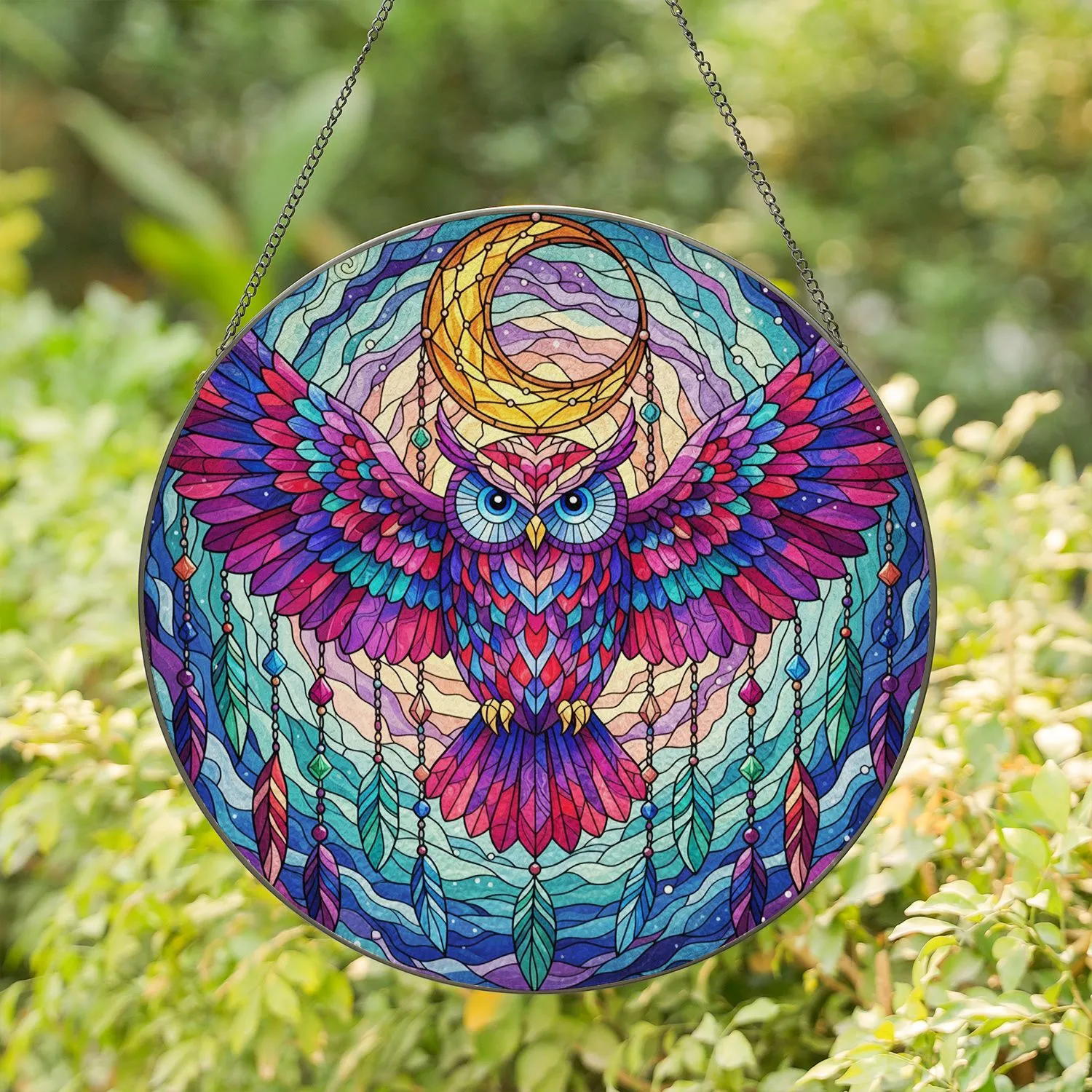 Majestic Owl Wide Wings Dreamcatcher Beaded Feathers Cosmic Cloud - Home Decor Gift for Owl Lover Stained Glass Suncatcher - 1