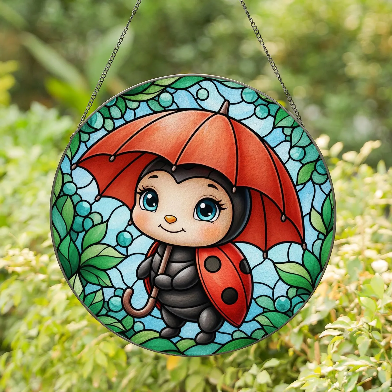 Chibi Ladybug Umbrella Leaves Sky - Wildlife Home Decor Gift for Ladybug Lover Stained Glass Suncatcher - 1