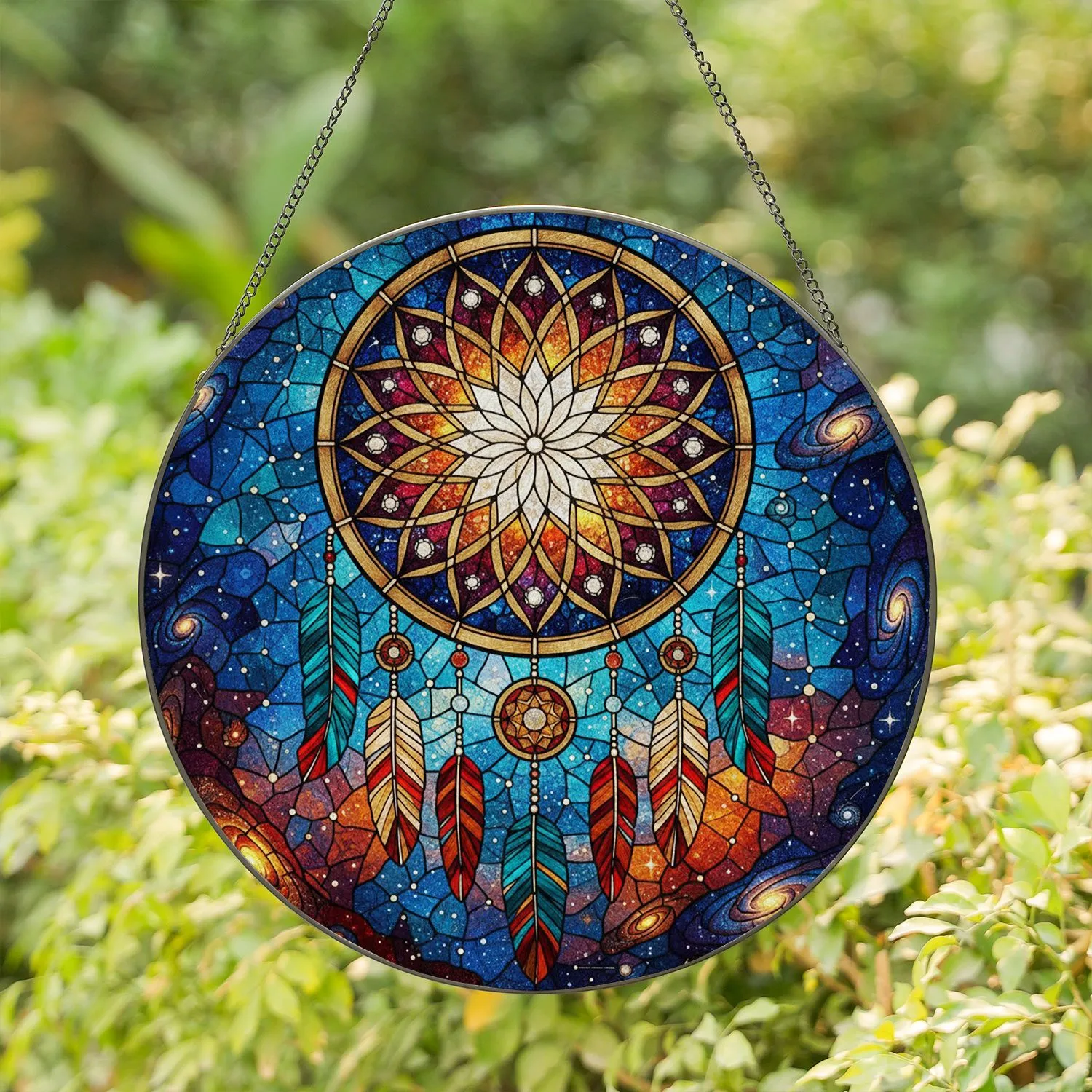 Dreamcatcher Feather Nebula Galaxy Constellation - Home Decor Gift for Celestial Lover Stained Glass Suncatcher - 1