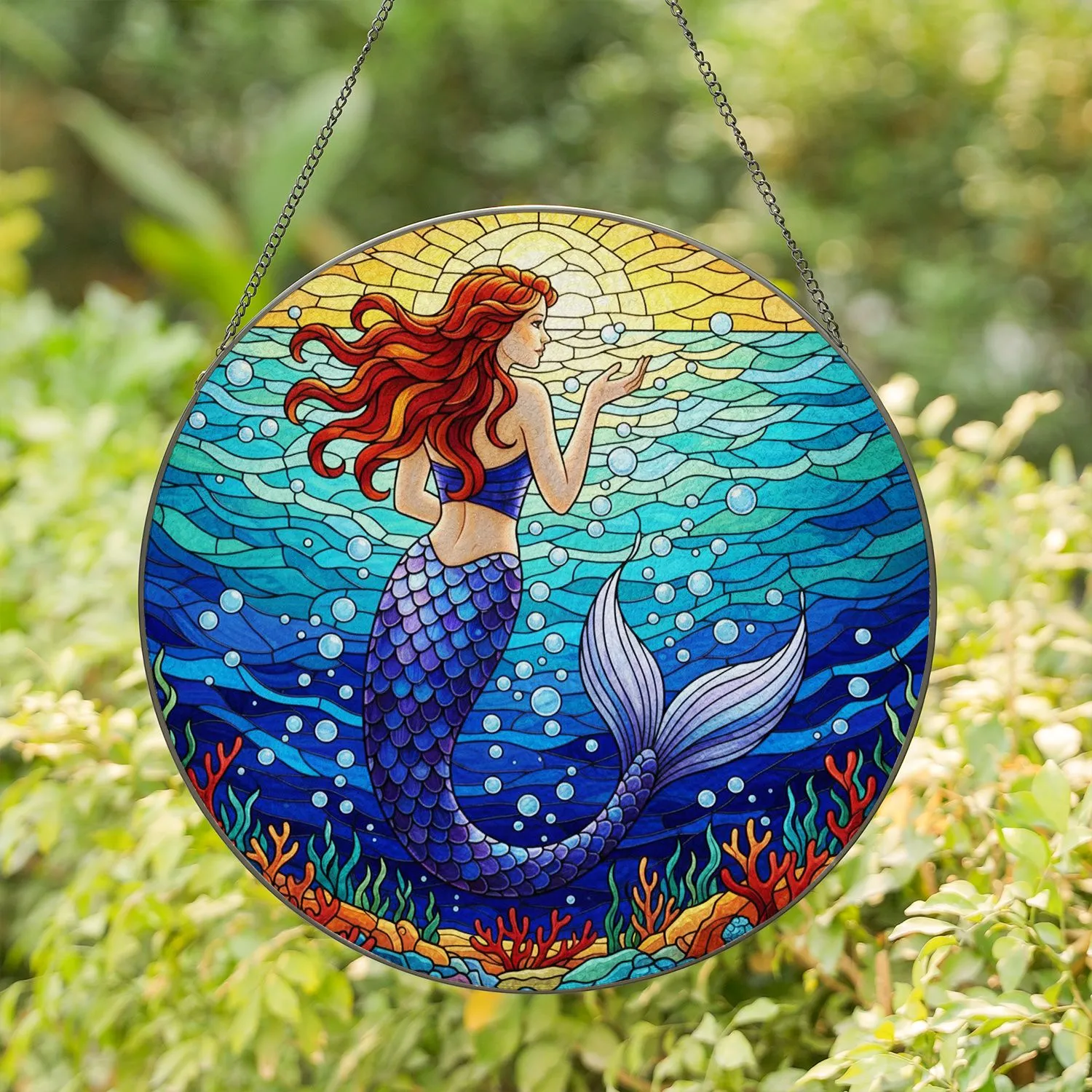 Mermaid Bubbles Coral Reef Ocean - Home Decor Gift for Mermaid Lover Stained Glass Suncatcher - 1