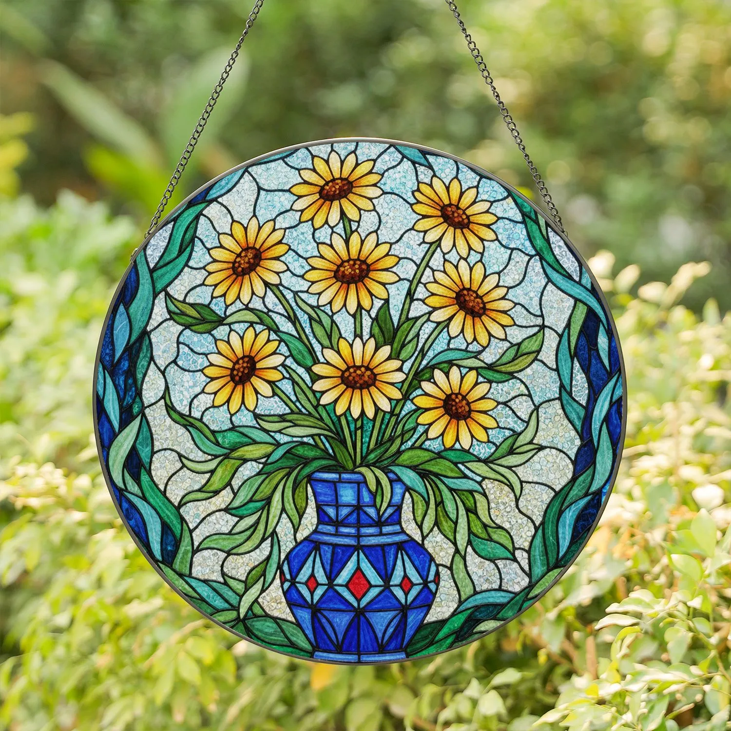 Daisy Flower Bouquet Geometric Vase Mosaic Swirls Leaves - Home Decor Gift Stained Glass Suncatcher - 1