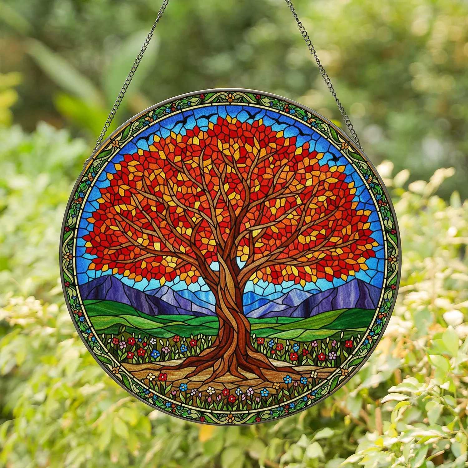 Autumn Tree Wildflower Birds Landscape - Home Decor Gift for Nature Lover Stained Glass Suncatcher - 1