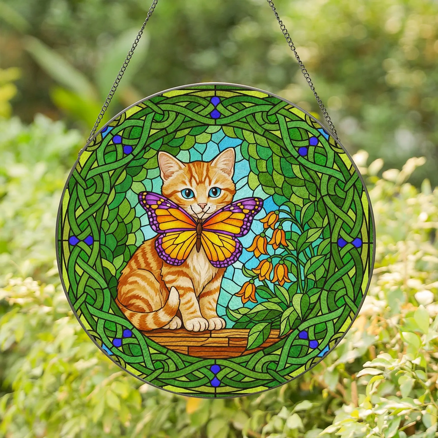 Ginger Tabby Kitten Gazing Butterfly Orange Flowers Celtic Knot Home Decor Cat Lover Gift Stained Glass Suncatcher - 1