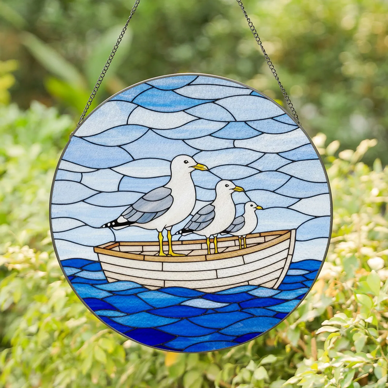 Three Seagulls Rowboat Choppy Ocean Sky Stained Glass - Coastal Home Decor Gift Stained Glass Suncatcher - 1