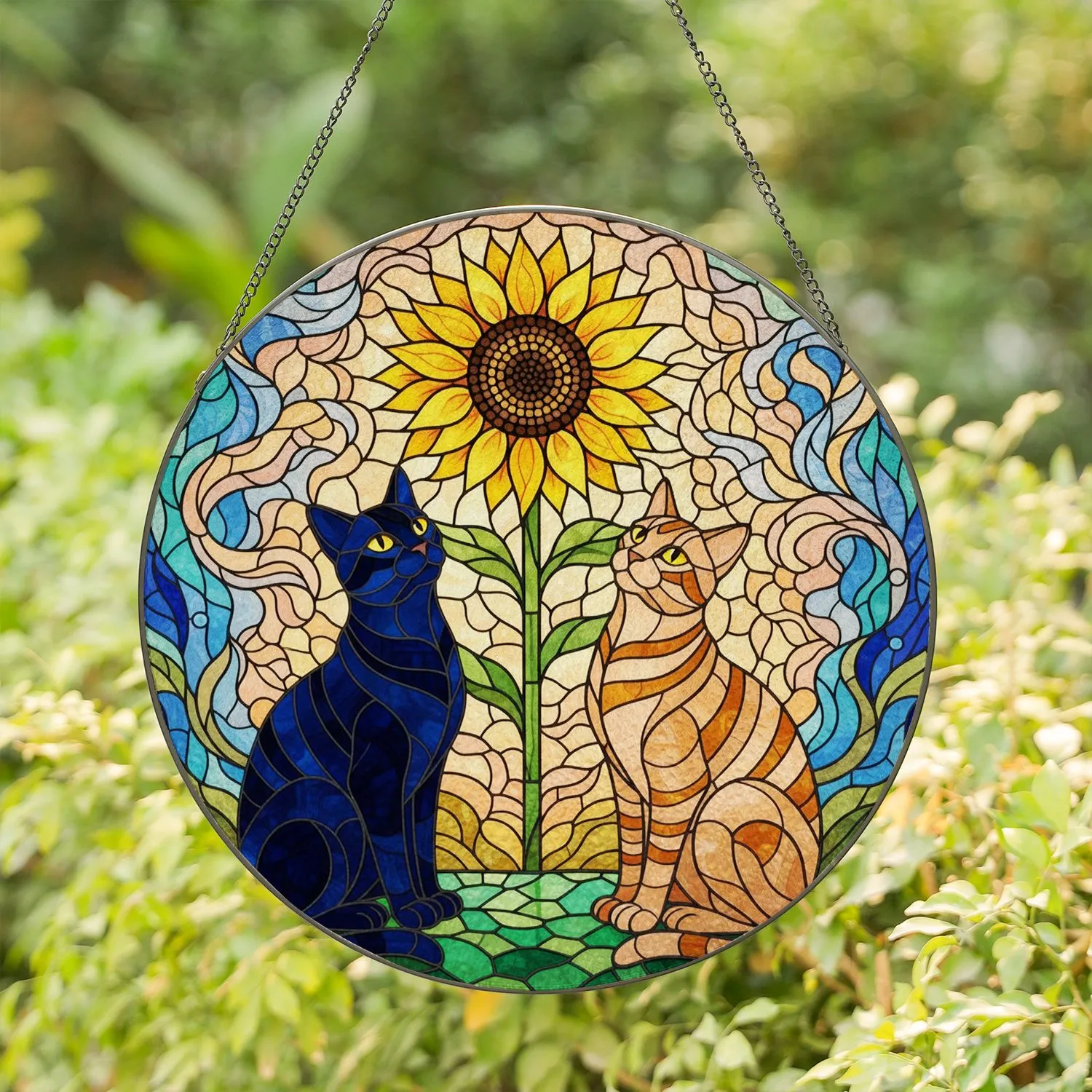 Black Cat Amber Tabby Sunflower - Home Decor Gift for Cat Lover Stained Glass Suncatcher - 1