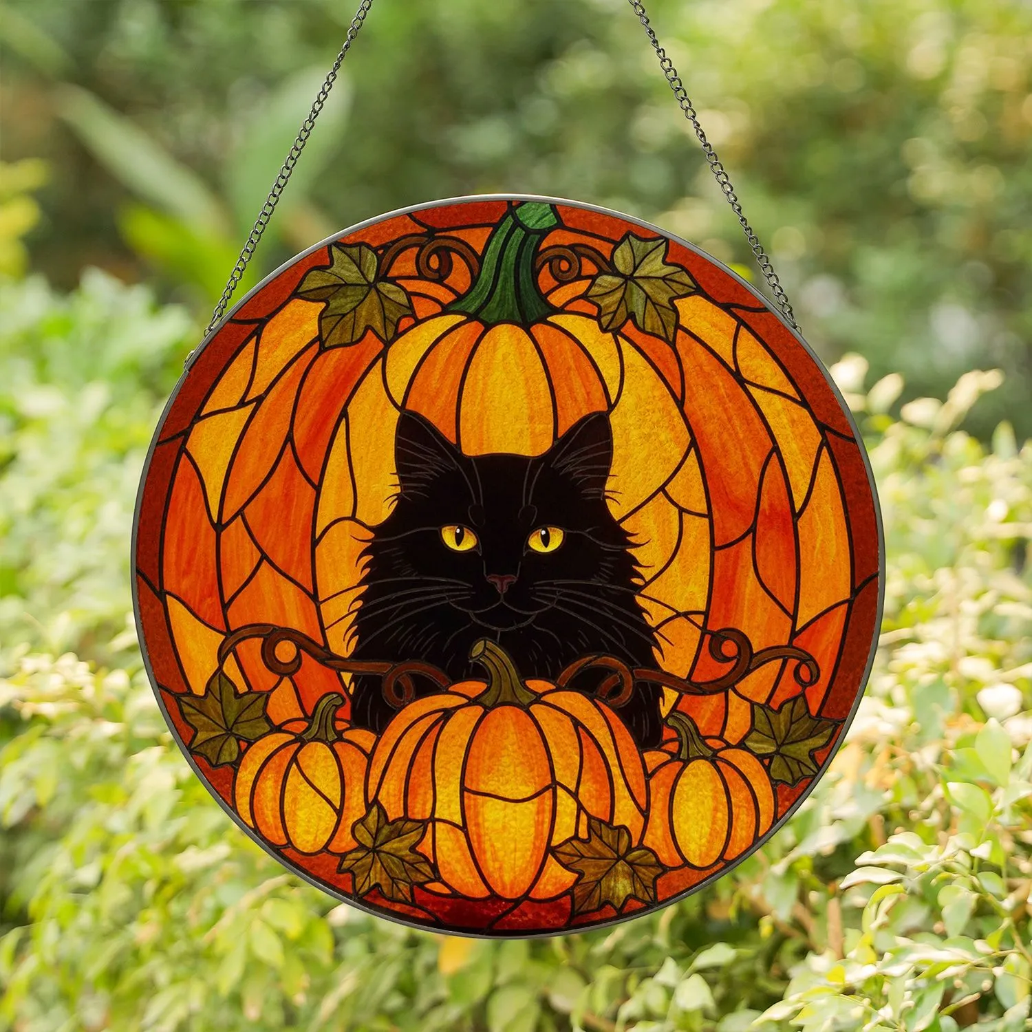 Black Cat Golden Eyes Orange Pumpkin Autumn Leaves - Home Decor Gift for Cat Lover Stained Glass Suncatcher - 1