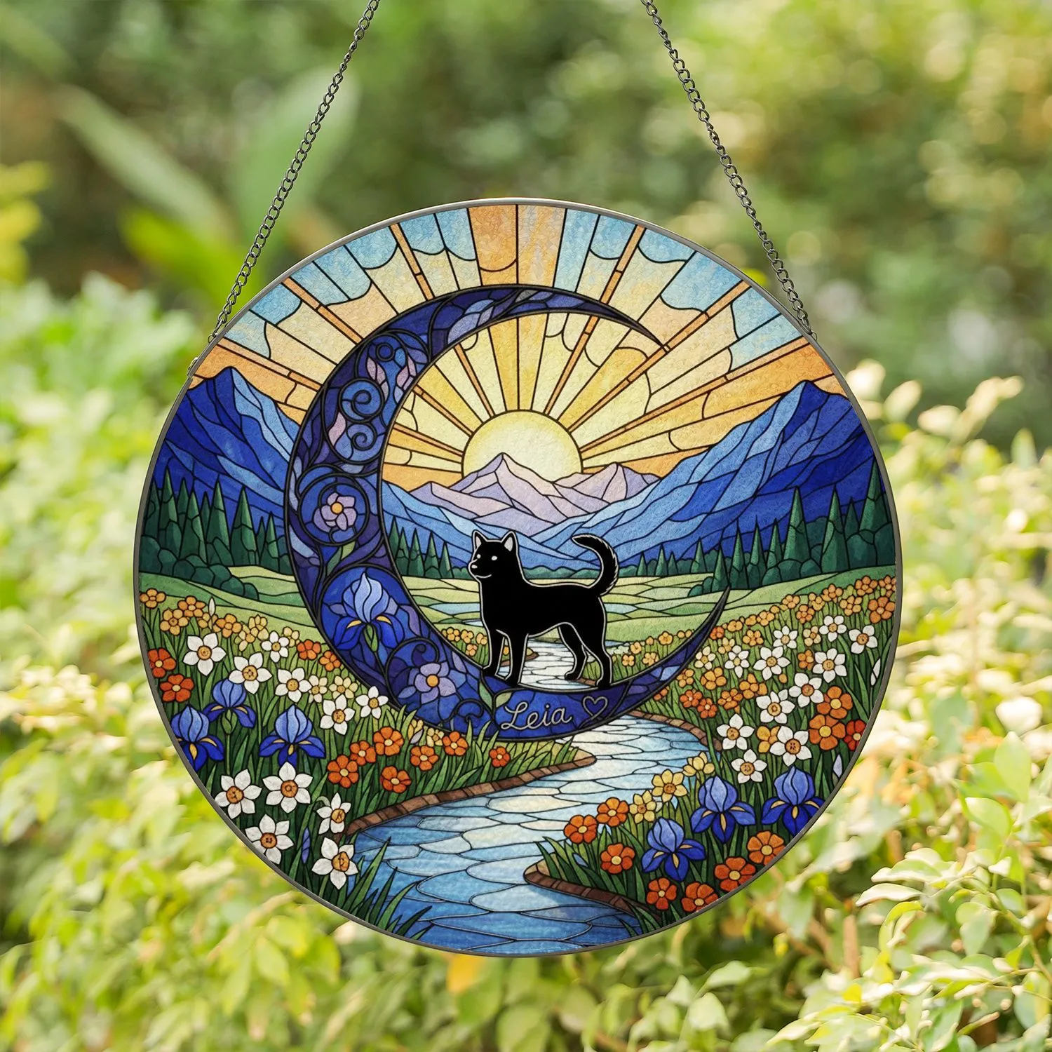 Shiba Inu Crescent Moon Landscape Wildflowersn Custom Name - Home Decor Gift for Dog Lovers Stained Glass Suncatcher - 1