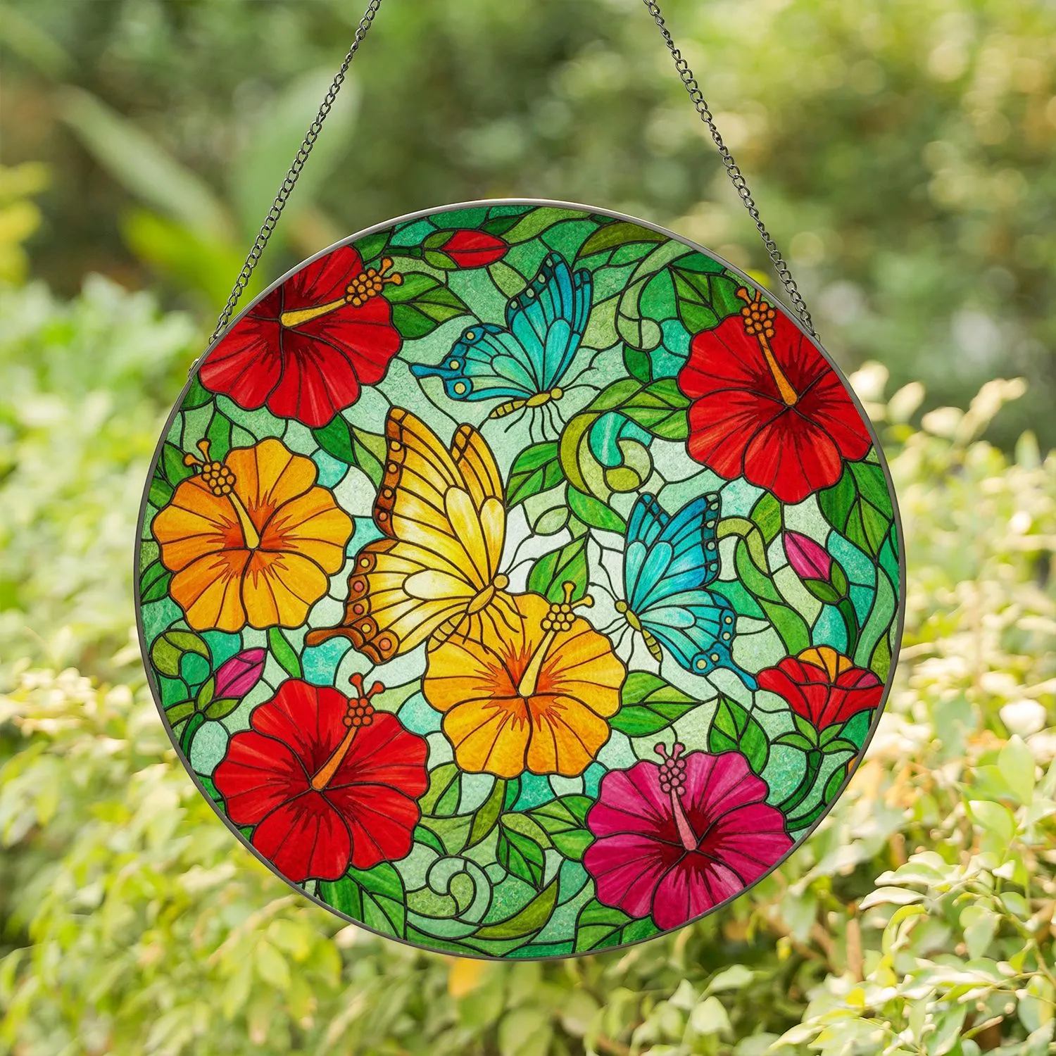 Three Butterflies Tropical Hibiscus Flowers Green Foliage Home Decor Gift for Wildlife Lover Stained Glass Suncatcher - 1