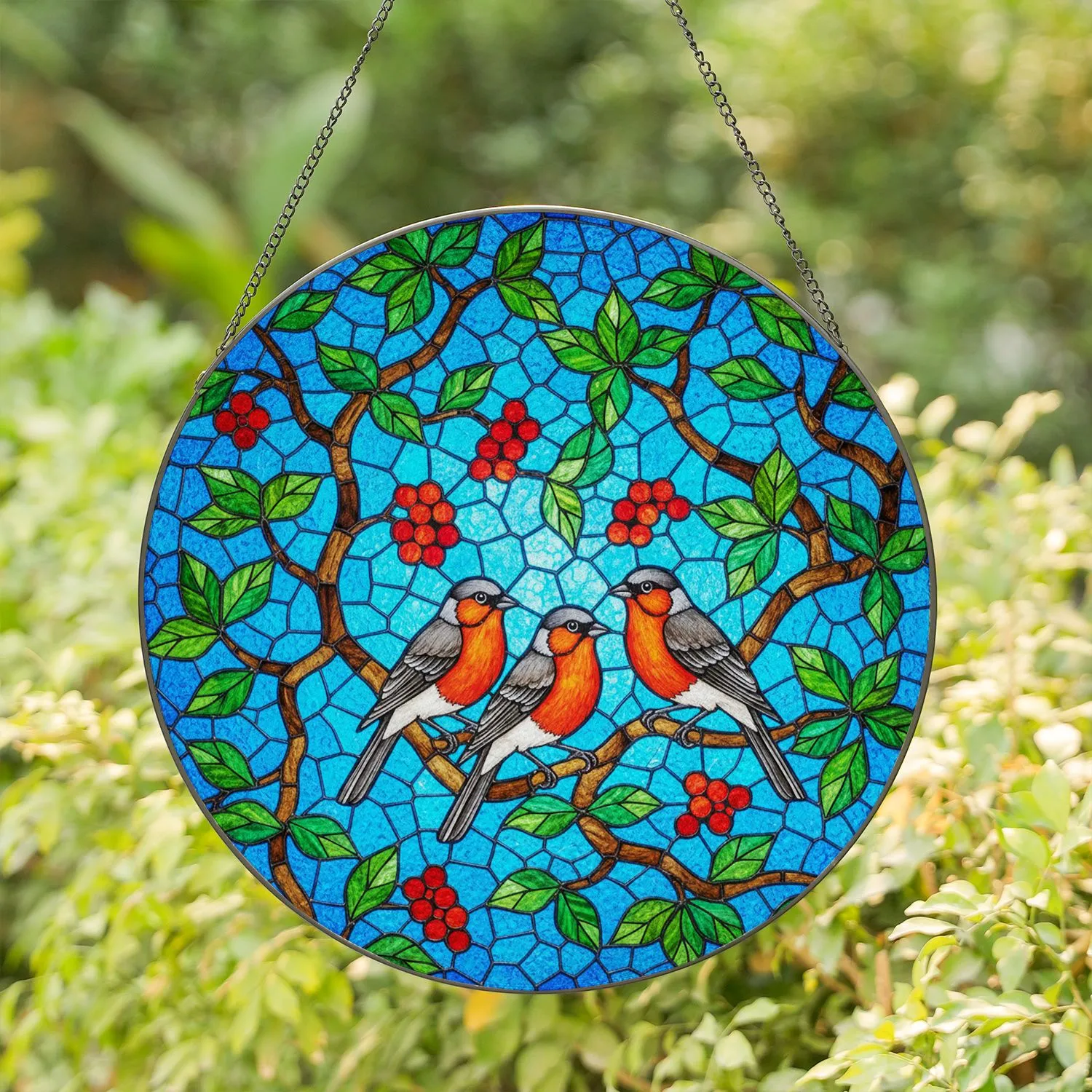Three Birds Branches Red Berries Green Leaves Blue Sky Home Decor Gift Stained Glass Suncatcher - 1