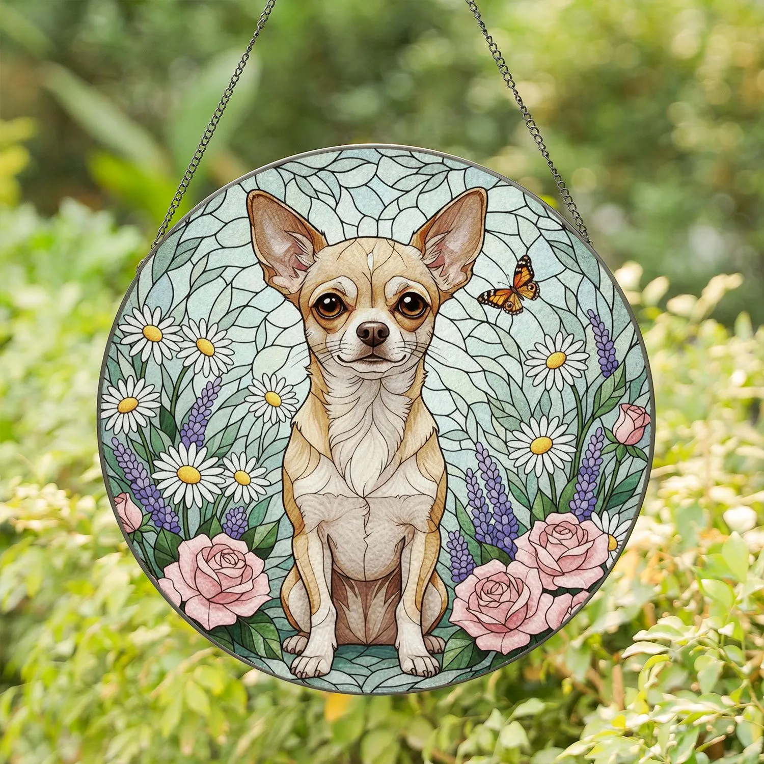 Chihuahua Dog Stained Glass Floral Butterfly Mosaic - Dog Lover Home Decor Gift Stained Glass Suncatcher - 1