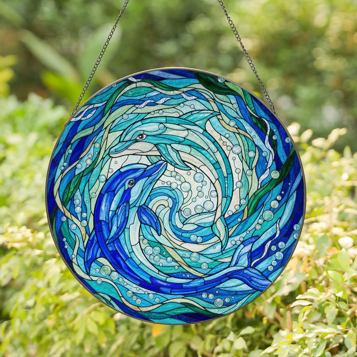 Dolphins Ocean Waves Iridescent Bubbles - Coastal Home Decor Gift for Ocean Lover Stained Glass Suncatcher - 1