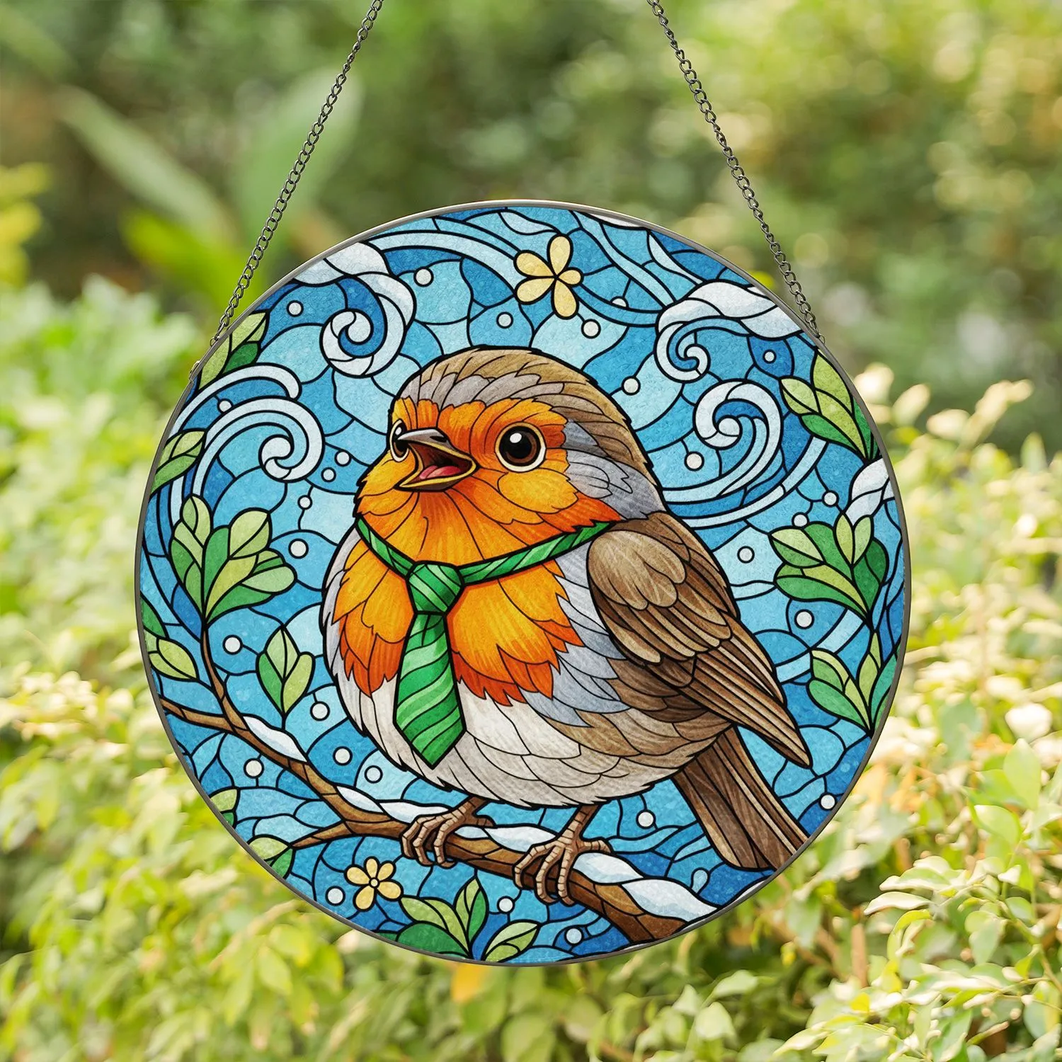 European Robin Necktie Winter Foliage Mosaic - Home Decor Gift for Bird Lover Stained Glass Suncatcher - 1