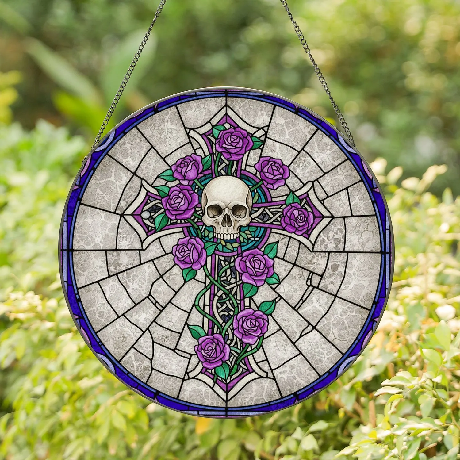 Gothic Cross Skull Purple Roses Celtic Knot - Home Decor Gift Stained Glass Suncatcher - 1