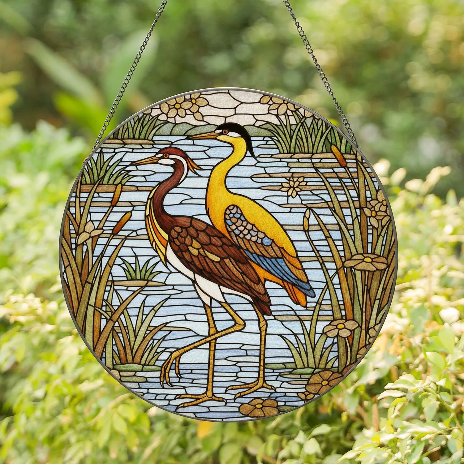 Two Wading Birds Marshland Flora Water Ripples Reeds - Home Decor Wildlife Lover Gift Stained Glass Suncatcher - 1