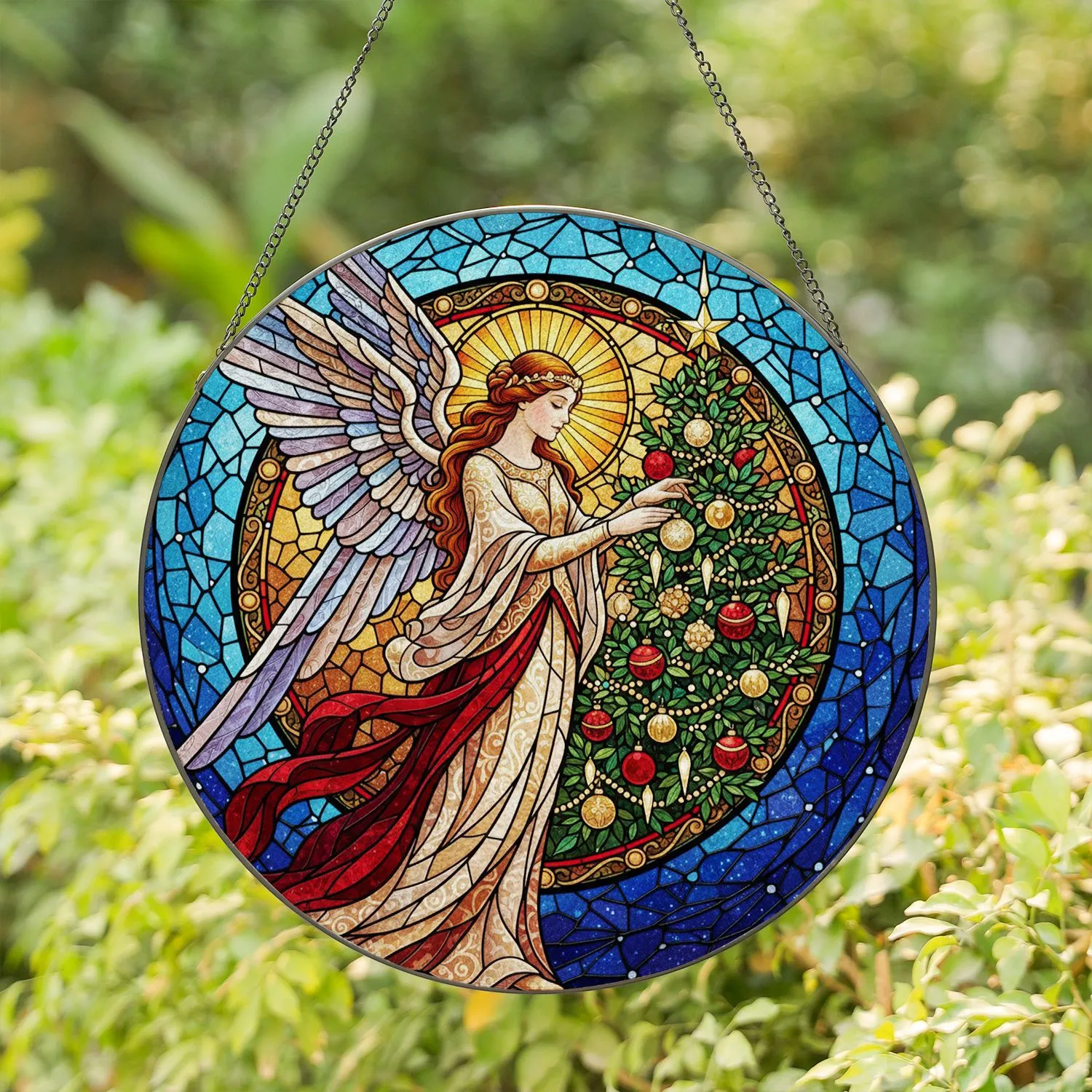 Celestial Angel Golden Headpiece Christmas Tree Holiday Home Decor Gift Stained Glass Suncatcher - 1