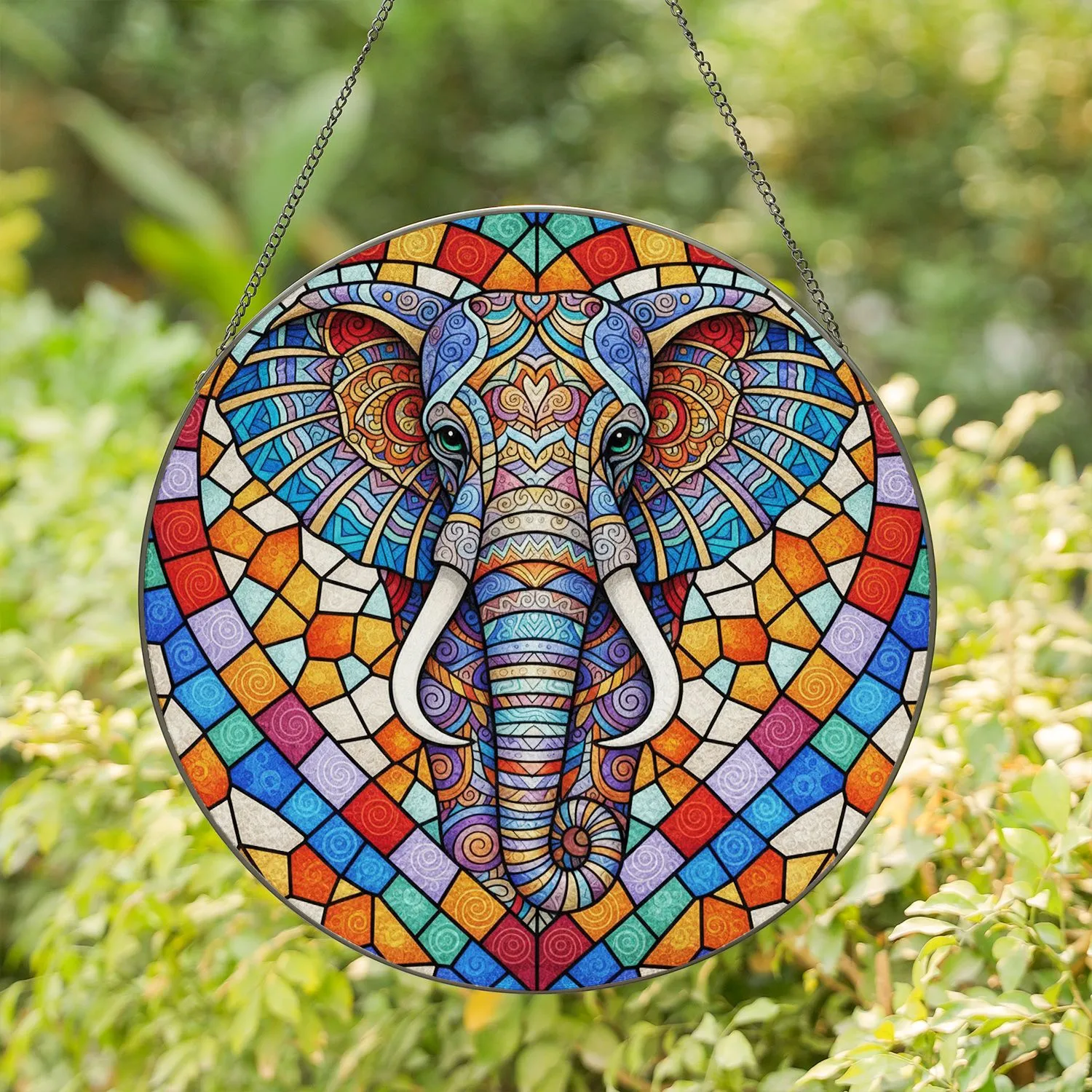 Mandala Tribal Elephant Stained Glass Heart - Tiffany Style Home Decor Gift for Elephant Lover Stained Glass Suncatcher - 1
