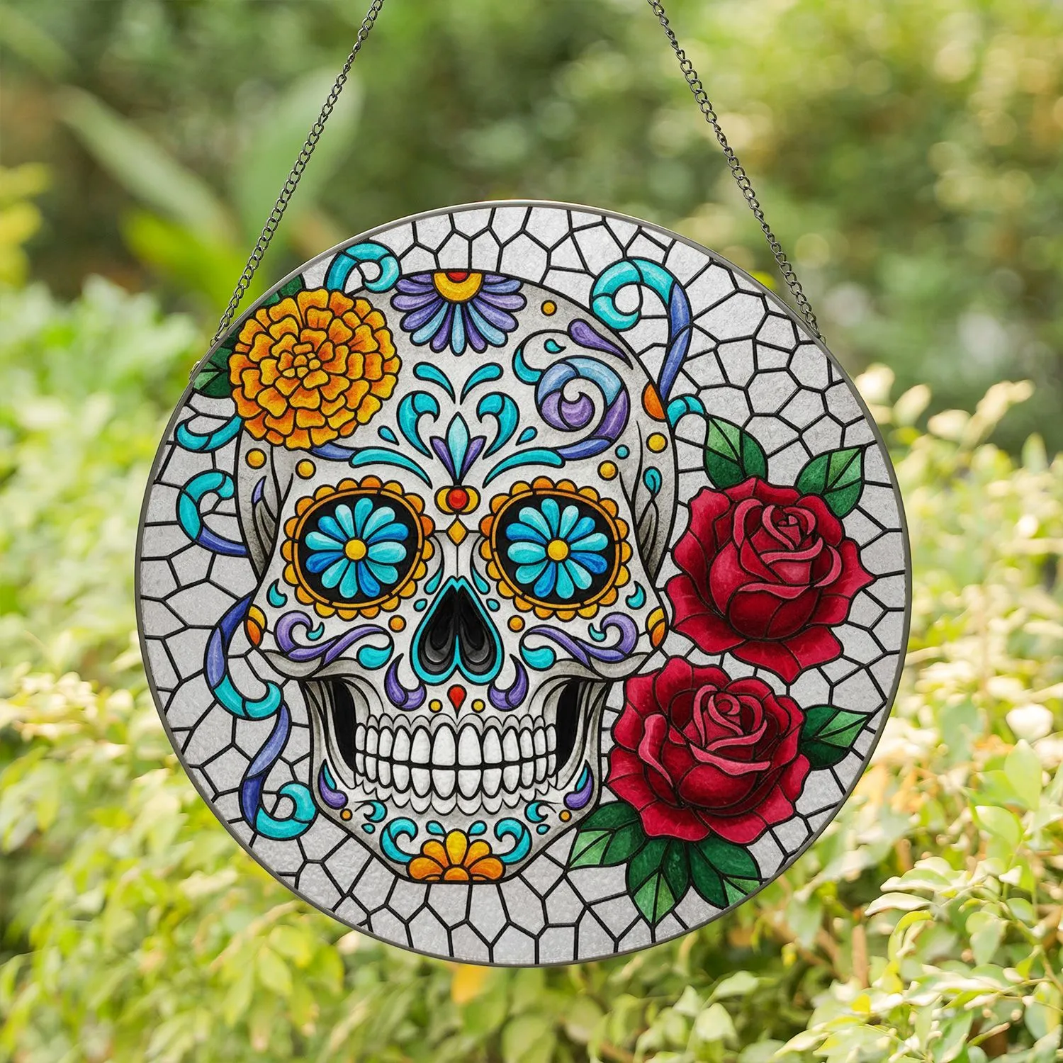 Día de Muertos Sugar Skull Marigold Flowers Roses - Holiday Decor Gift Stained Glass Suncatcher - 1
