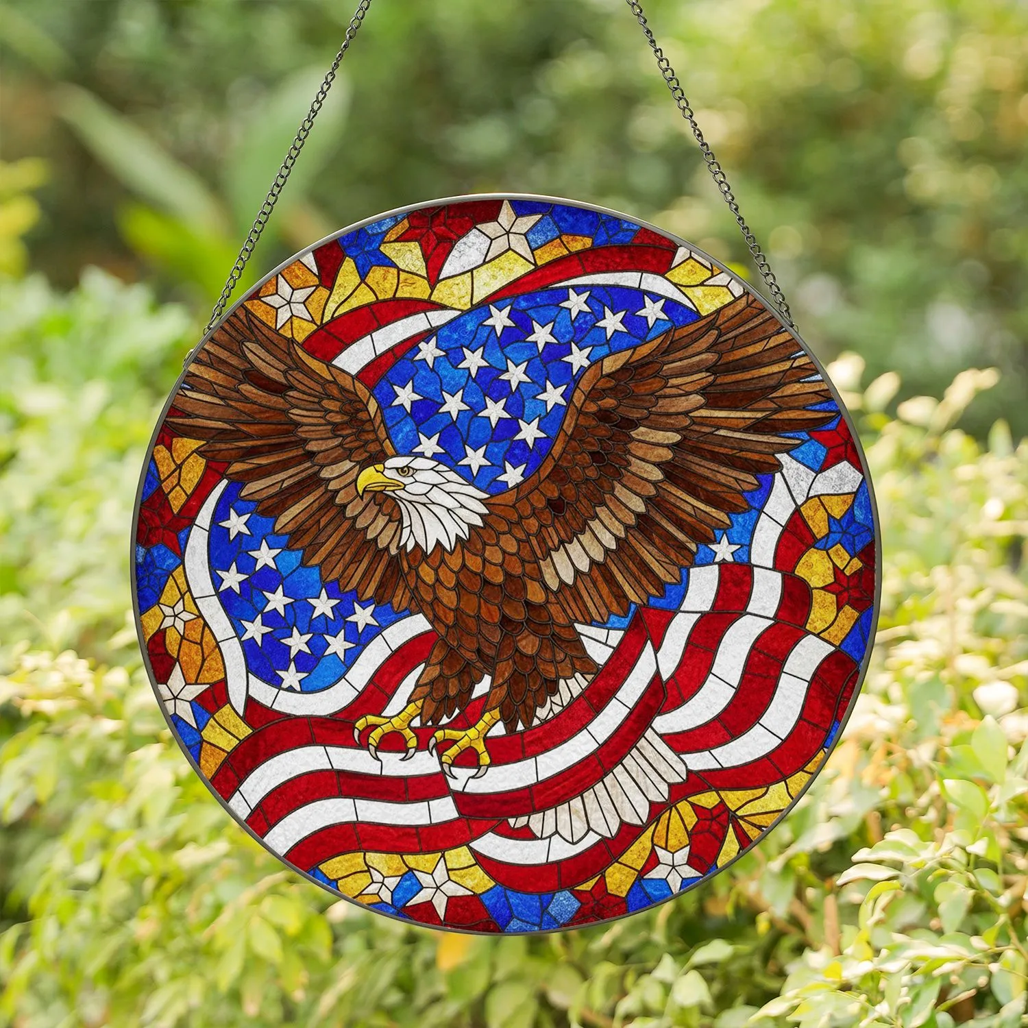 Bald Eagle American Flag Independence Day - Patriotic Home Decor Gift Stained Glass Suncatcher - 1