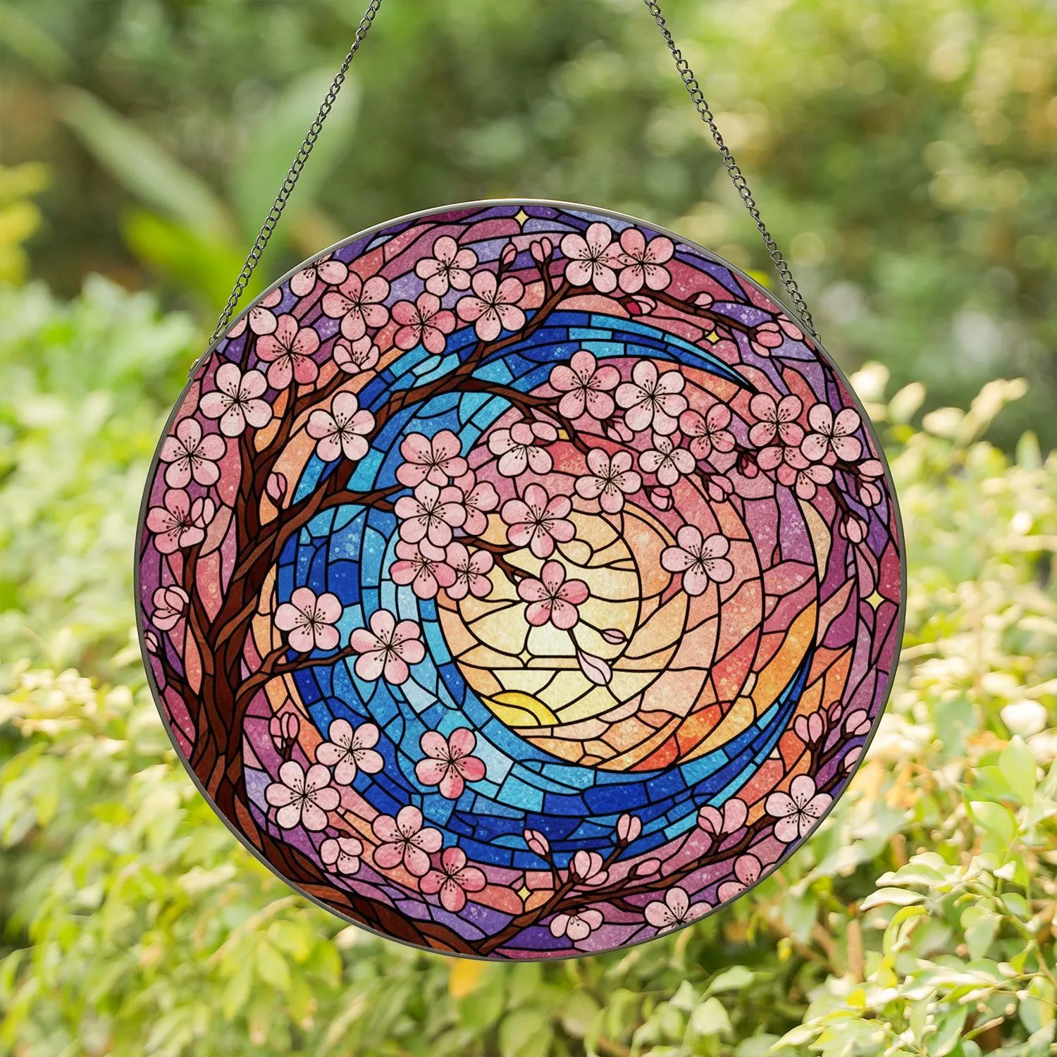Crescent Moon Sakura Blossoms Stained Glass Celestial - Home Decor Gift for Nature Lover Stained Glass Suncatcher - 1