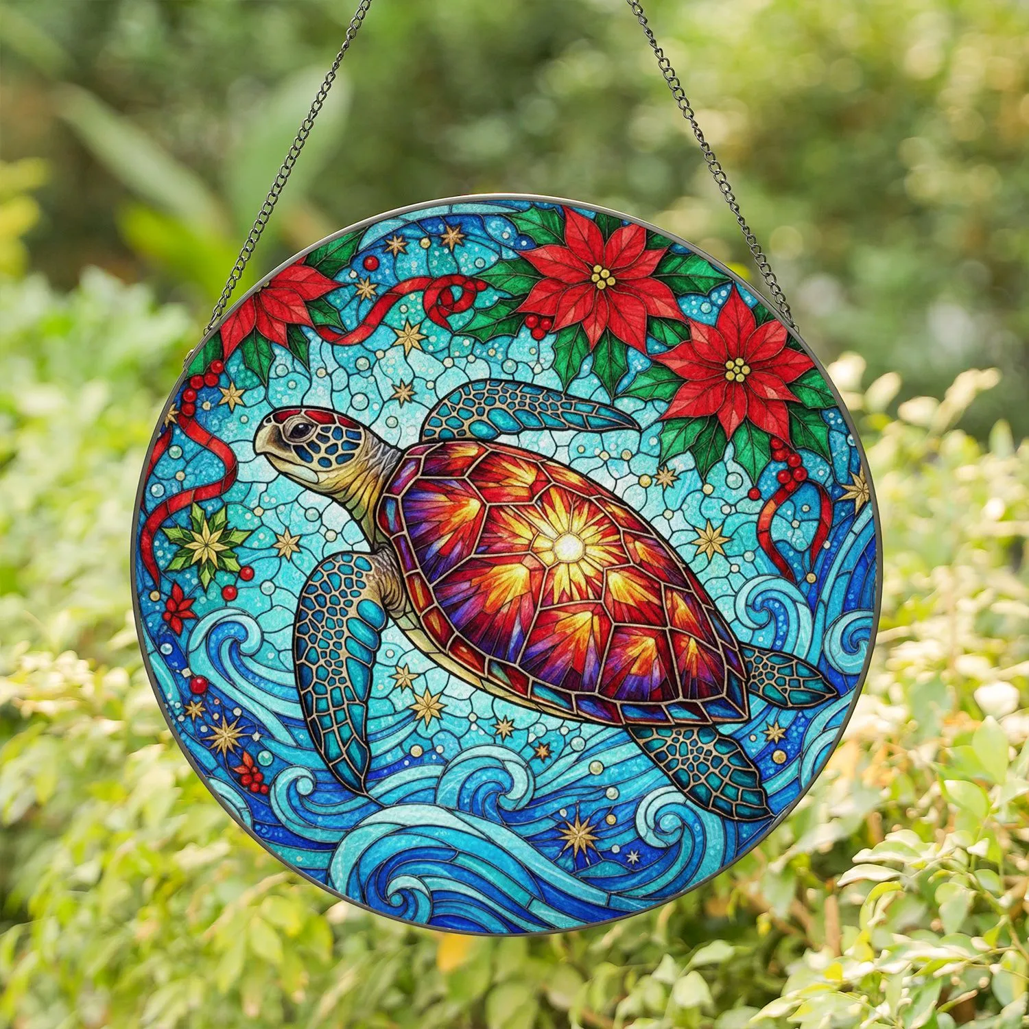 Majestic Sea Turtle Poinsettia Holly - Christmas Holiday Home Decor Gift for Wildlife Lovers Stained Glass Suncatcher - 1