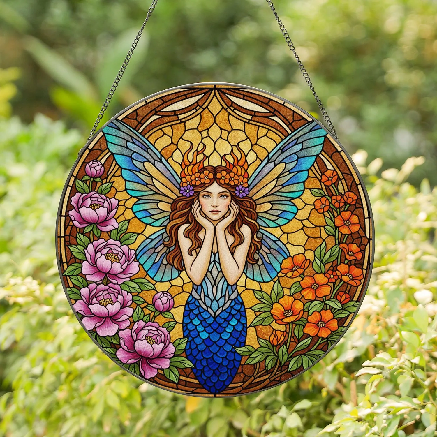 Stained Glass Fairy Woman Iridescent Wings Peonies - Home Decor Gift for Fairy Lover Stained Glass Suncatcher - 1