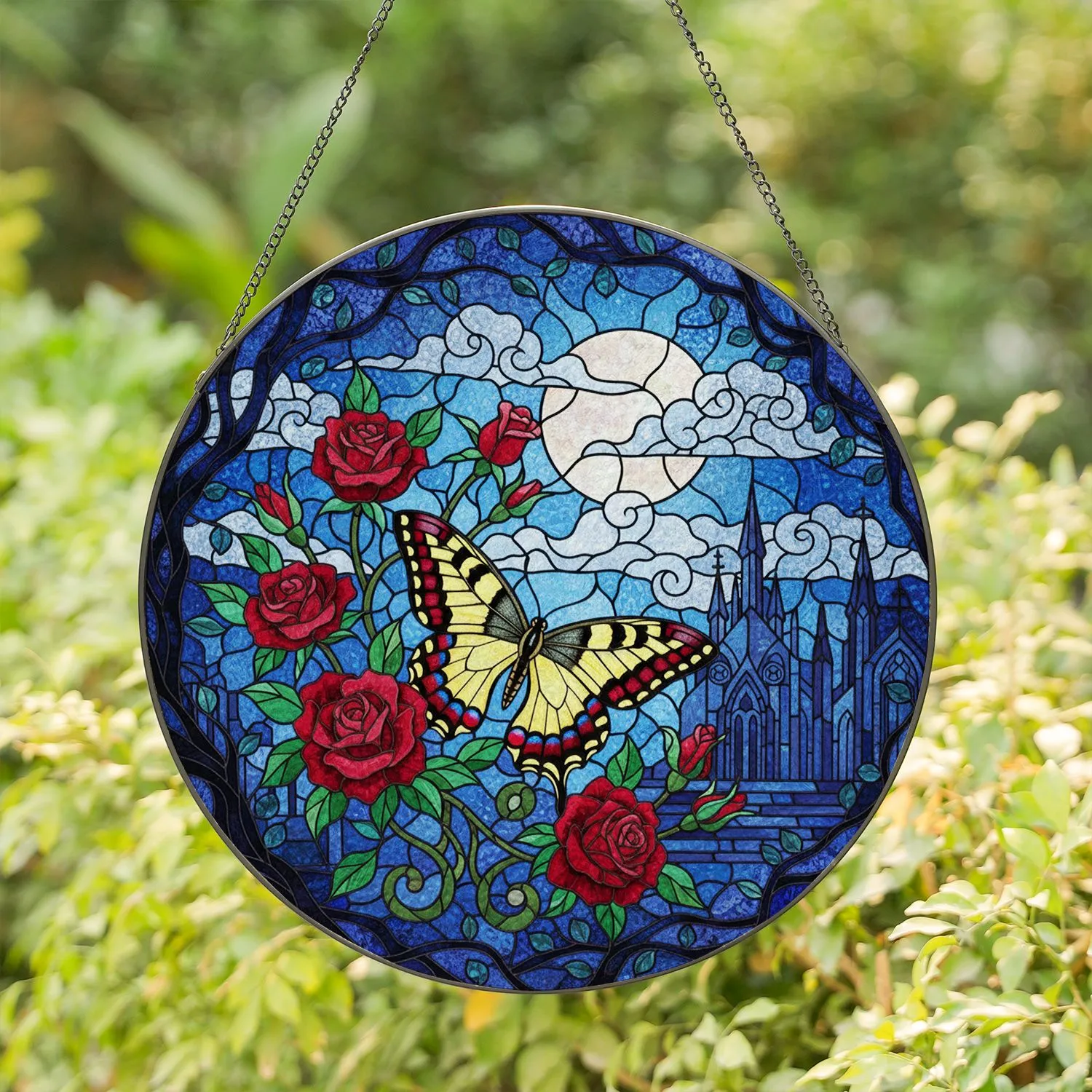 Swallowtail Butterfly Stained Glass Roses Moonlit Sky - Home Decor Gift Stained Glass Suncatcher - 1